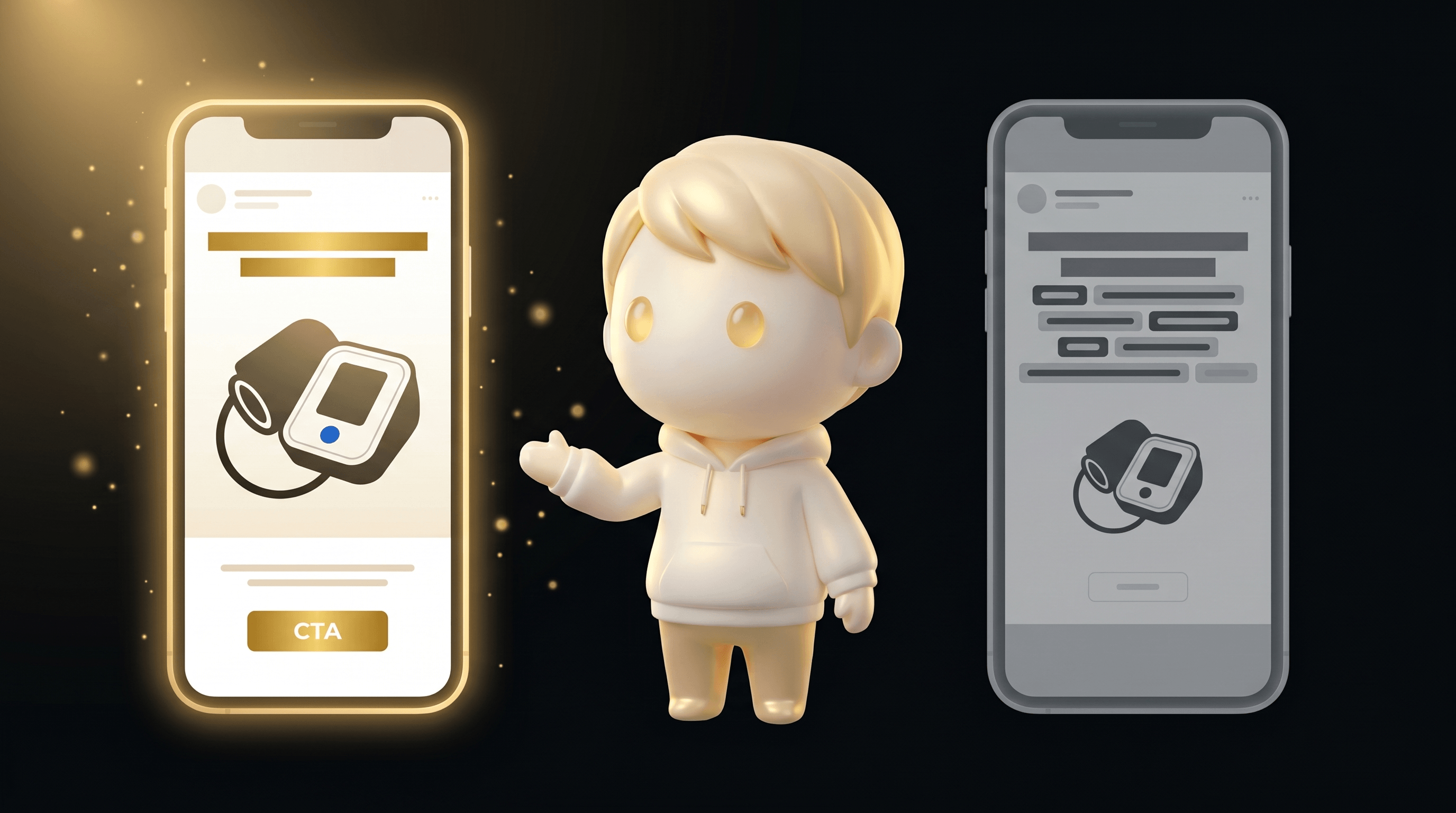 The Godmode mascot comparing two floating ad creative panels split-screen, the left glowing warm gold representing a winning outcome-led hook and the right dimmed grey representing a failing feature-led hook