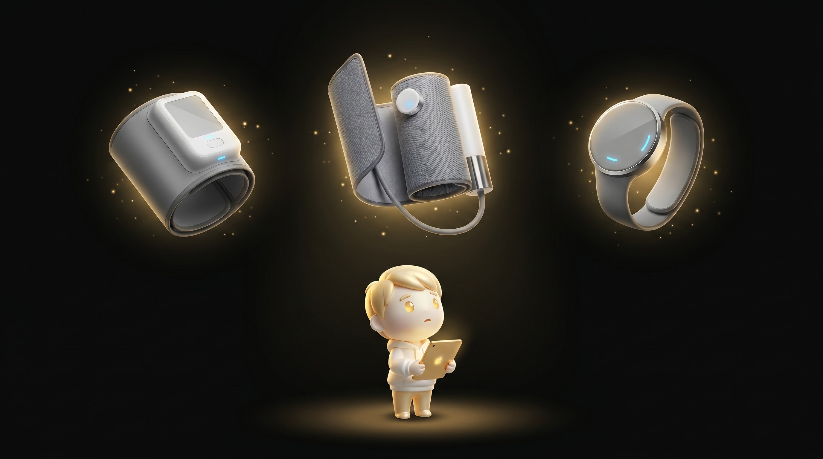 The Godmode mascot studying three different upper-arm and wrist blood pressure monitor designs floating in a horizontal row, each glowing with a soft blue indicator pulse