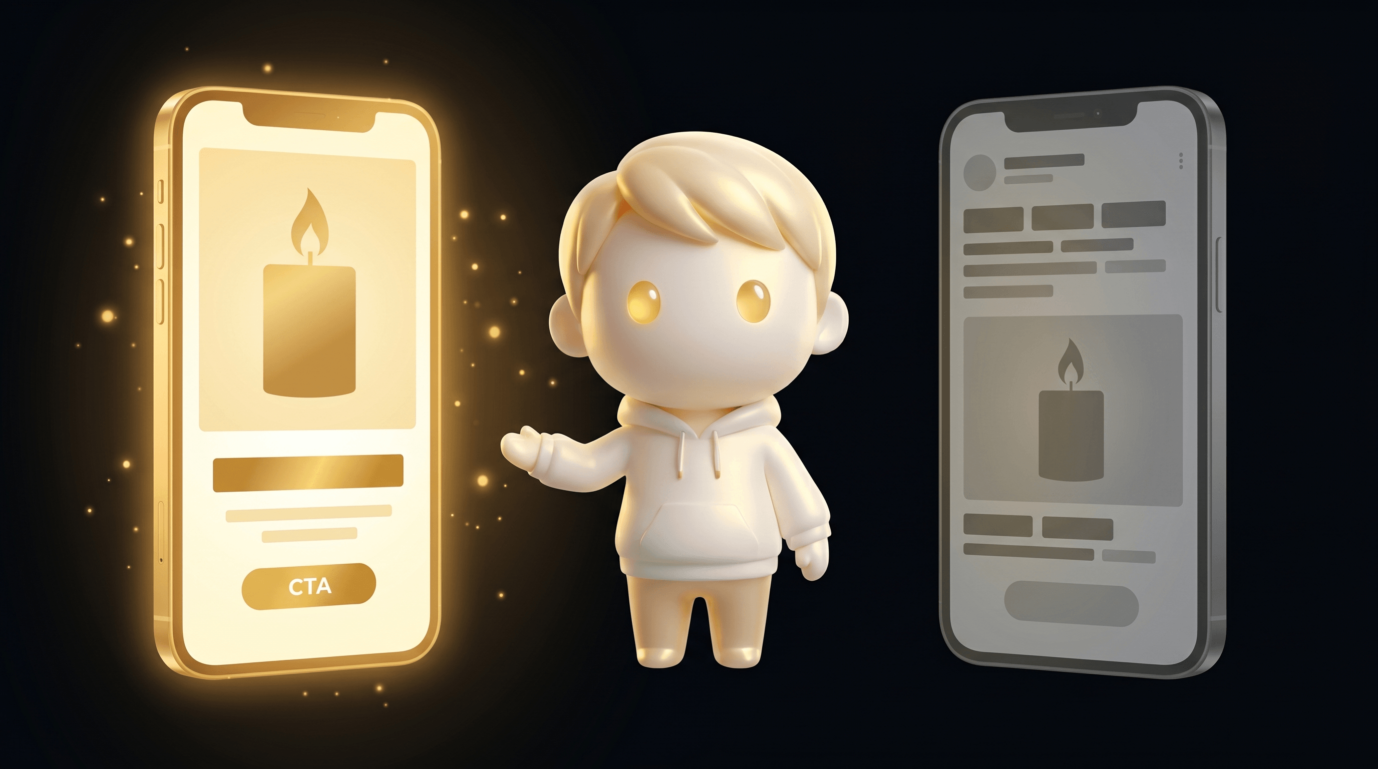 The Godmode mascot comparing two smartphone-shaped social ad mockup panels split-screen, the left glowing warm gold representing a scent-memory winning hook and the right dimmed grey representing a failing notes-only feature hook