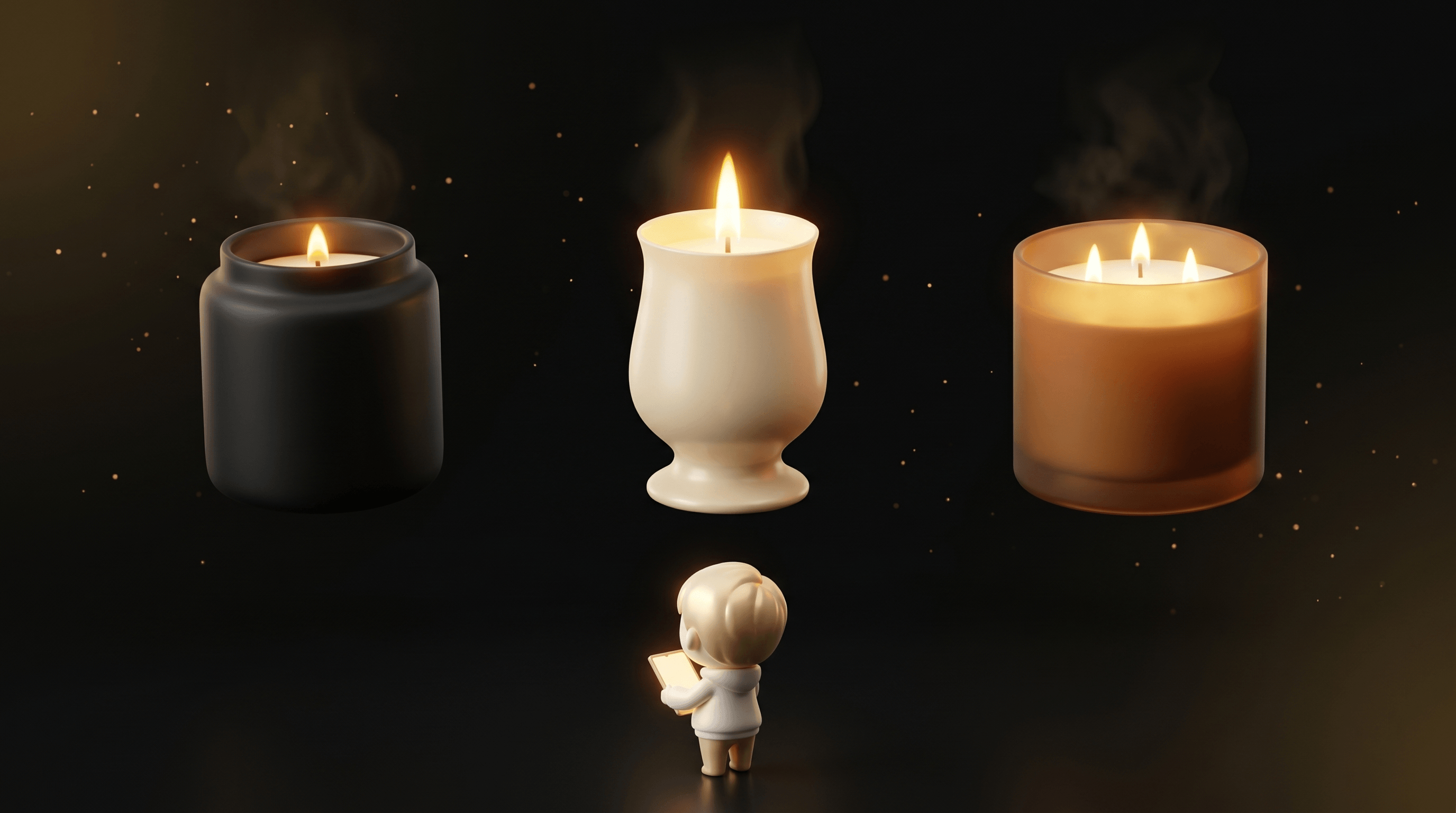The Godmode mascot studying three different candle vessel designs floating in a horizontal row, a matte black ceramic jar, a frosted amber glass tumbler, and a white classic hurricane vessel, each glowing with a warm amber flame