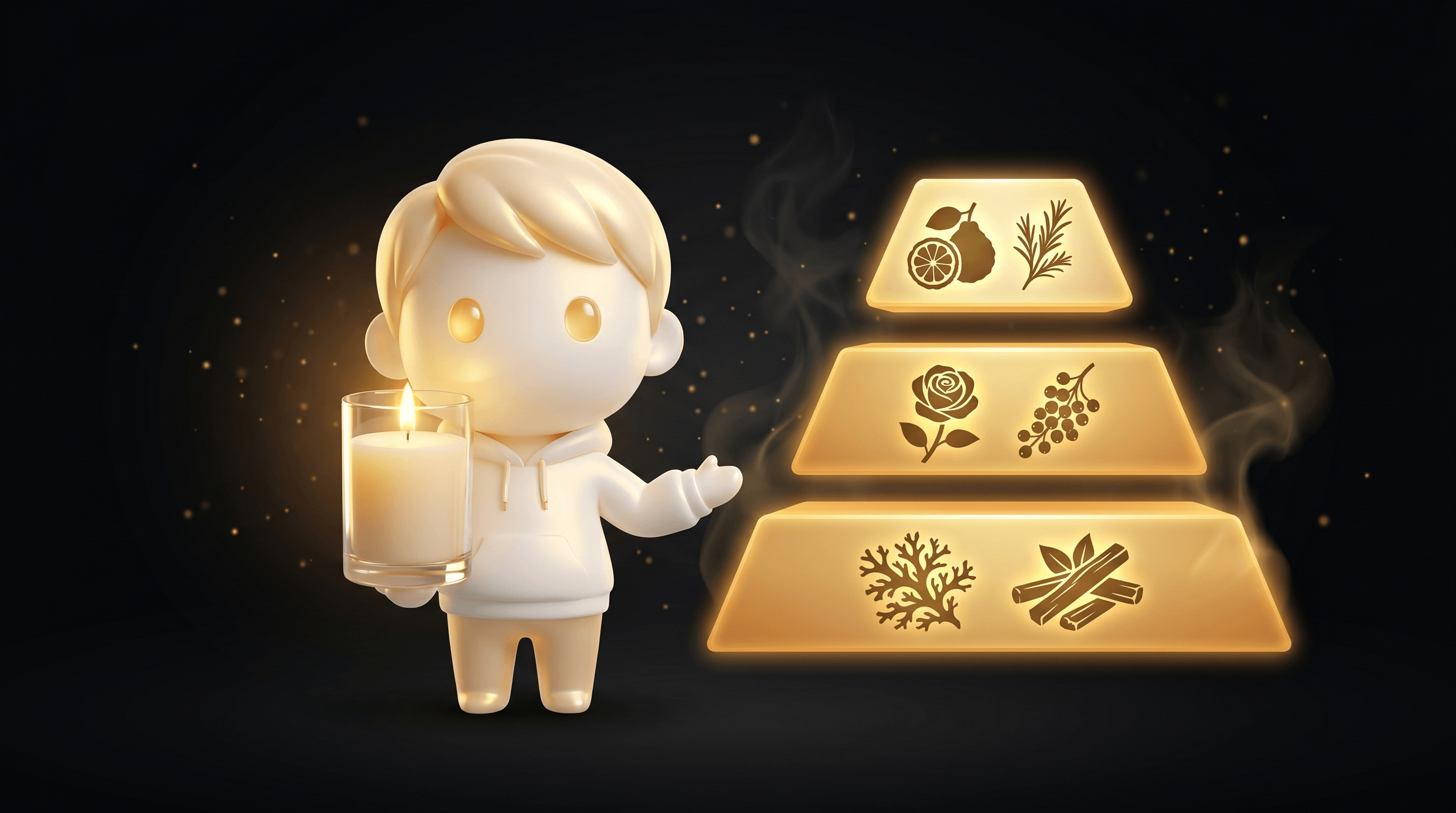 The Godmode mascot standing beside a floating three-tier fragrance pyramid diagram showing top notes, middle notes, and base notes rendered as soft glowing golden horizontal bars, with small floating herb, rose, and oakmoss silhouettes beside each tier