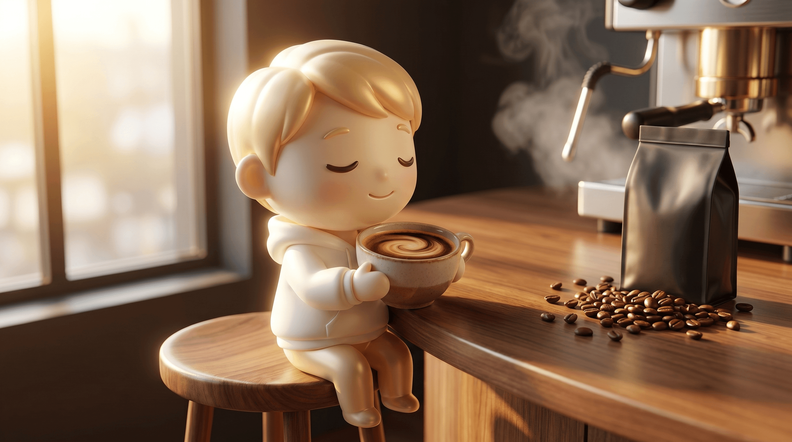 The Godmode mascot presenting a polished DTC coffee storefront with a glowing pedestal and freshly roasted beans