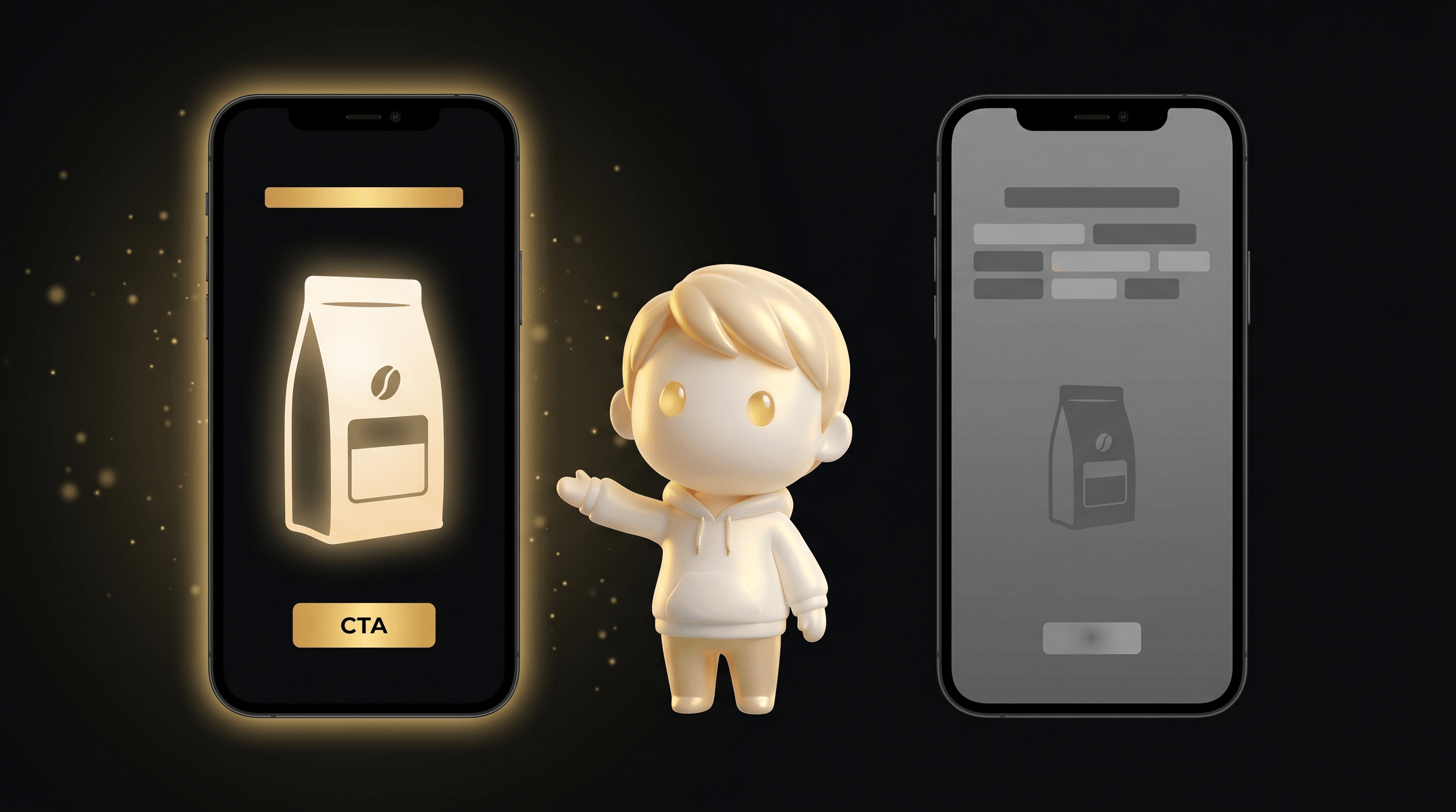 The Godmode mascot comparing two floating smartphone-shaped social ad mockups, the left glowing warm gold representing a winning freshness-led hook and the right dimmed grey representing a failing feature-list hook