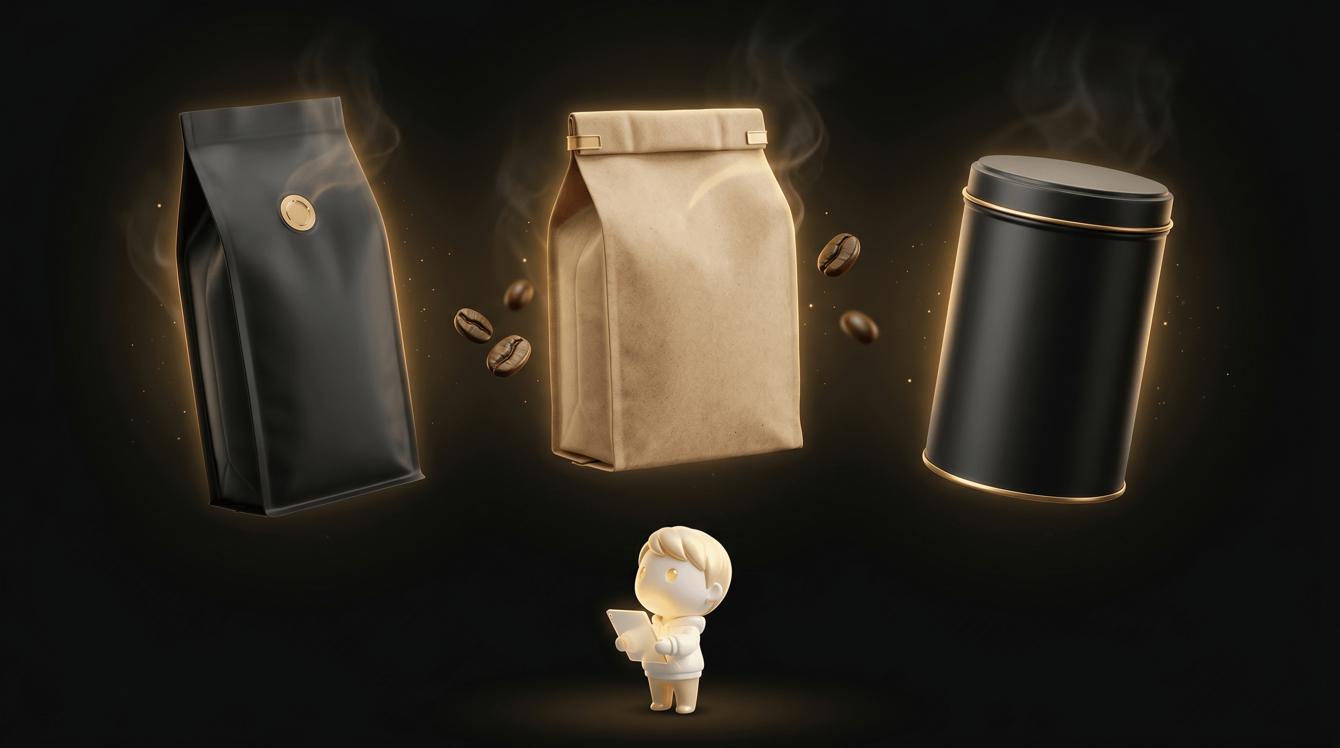 The Godmode mascot studying three different premium coffee bag designs floating in a horizontal row, each with a soft warm gold halo and a roast-date stamp visible
