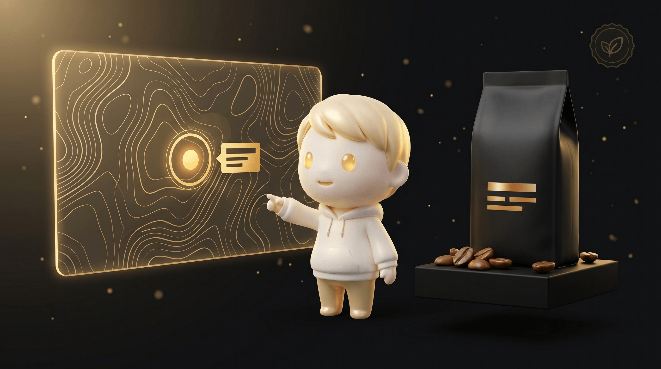 The Godmode mascot pointing at a floating map of a single coffee farm origin with a warm gold highlight, a coffee bag on a pedestal beside it, roast-date stamp clearly visible