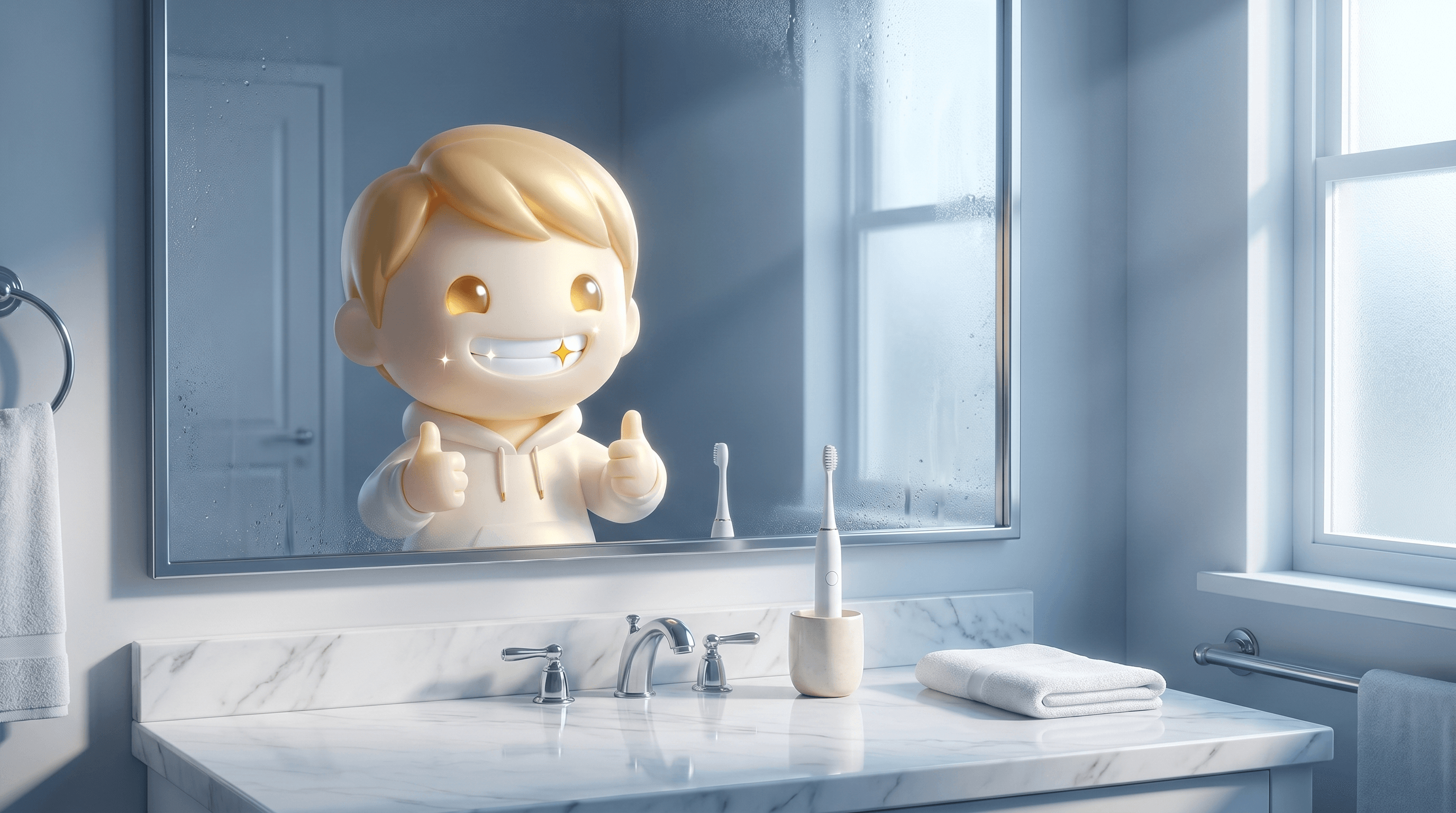 The Godmode mascot presenting a polished oral-care storefront with a glowing pedestal and an electric toothbrush silhouette