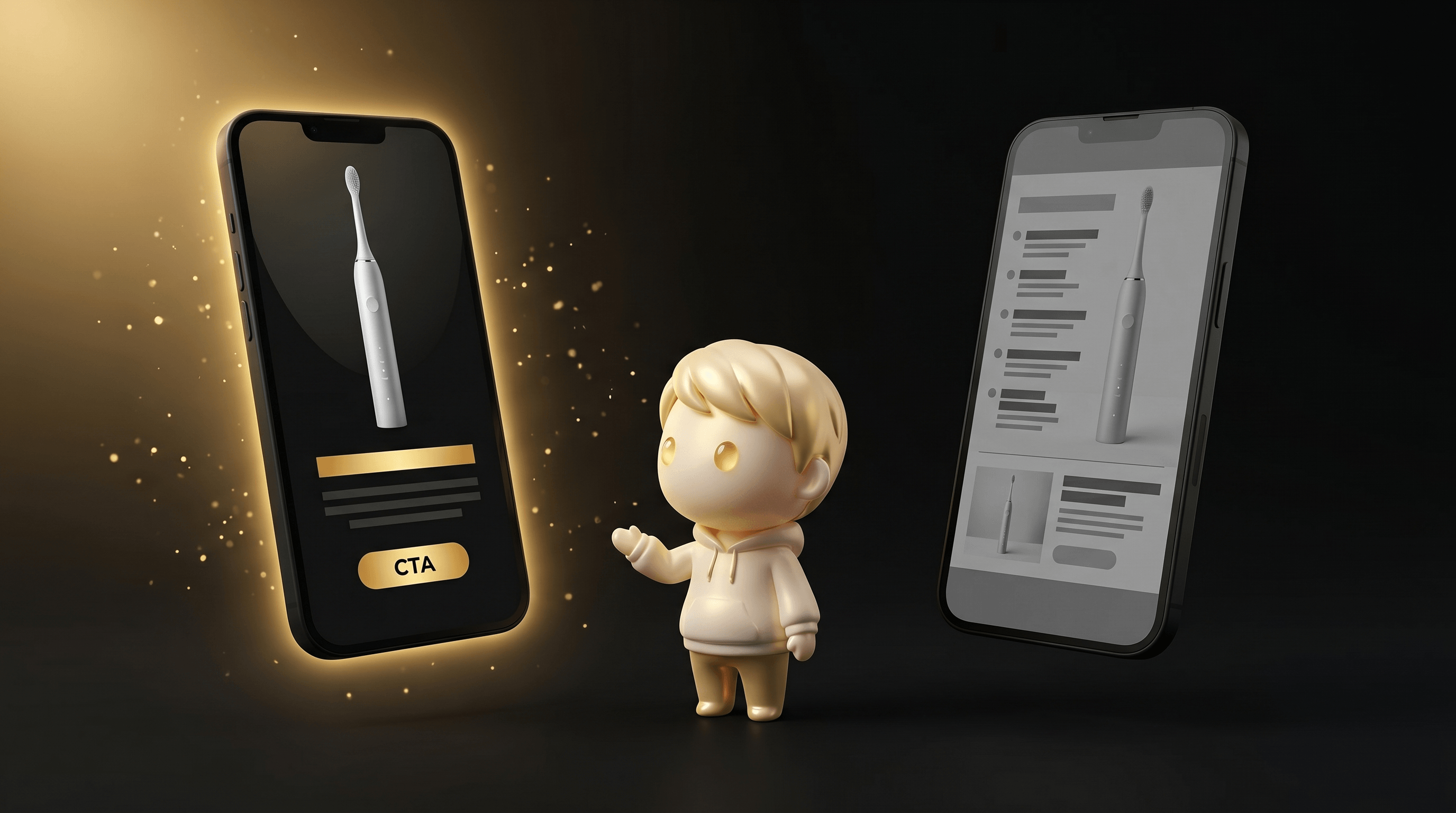 The Godmode mascot comparing two smartphone-shaped vertical social ad mockups split-screen, the left glowing warm gold for a story-led hygienist hook and the right dimmed grey for a spec-list hook