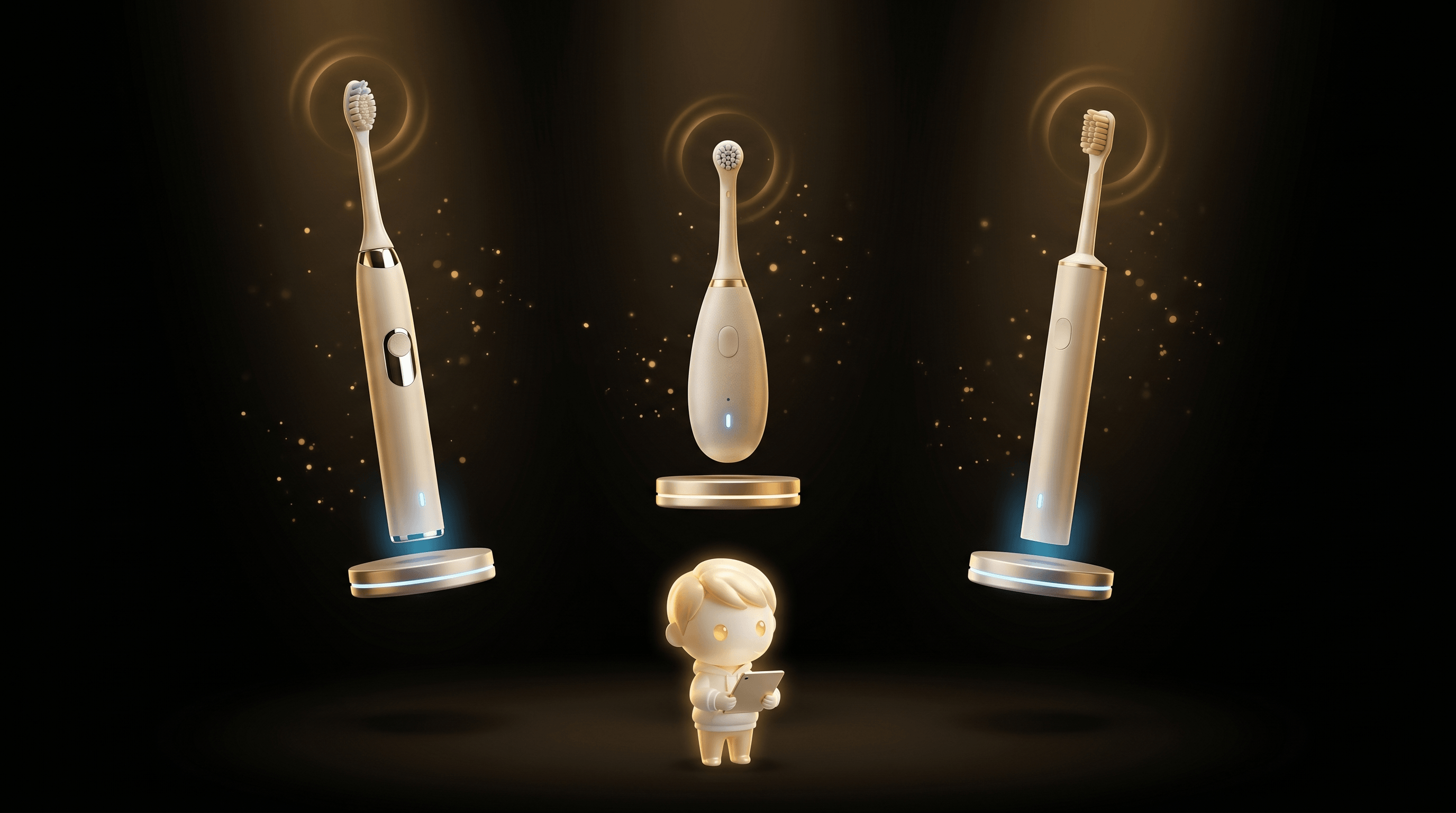 The Godmode mascot studying three different electric toothbrush designs floating in a horizontal row, each in its own charging stand, each glowing with a soft gold pulse at the brush head