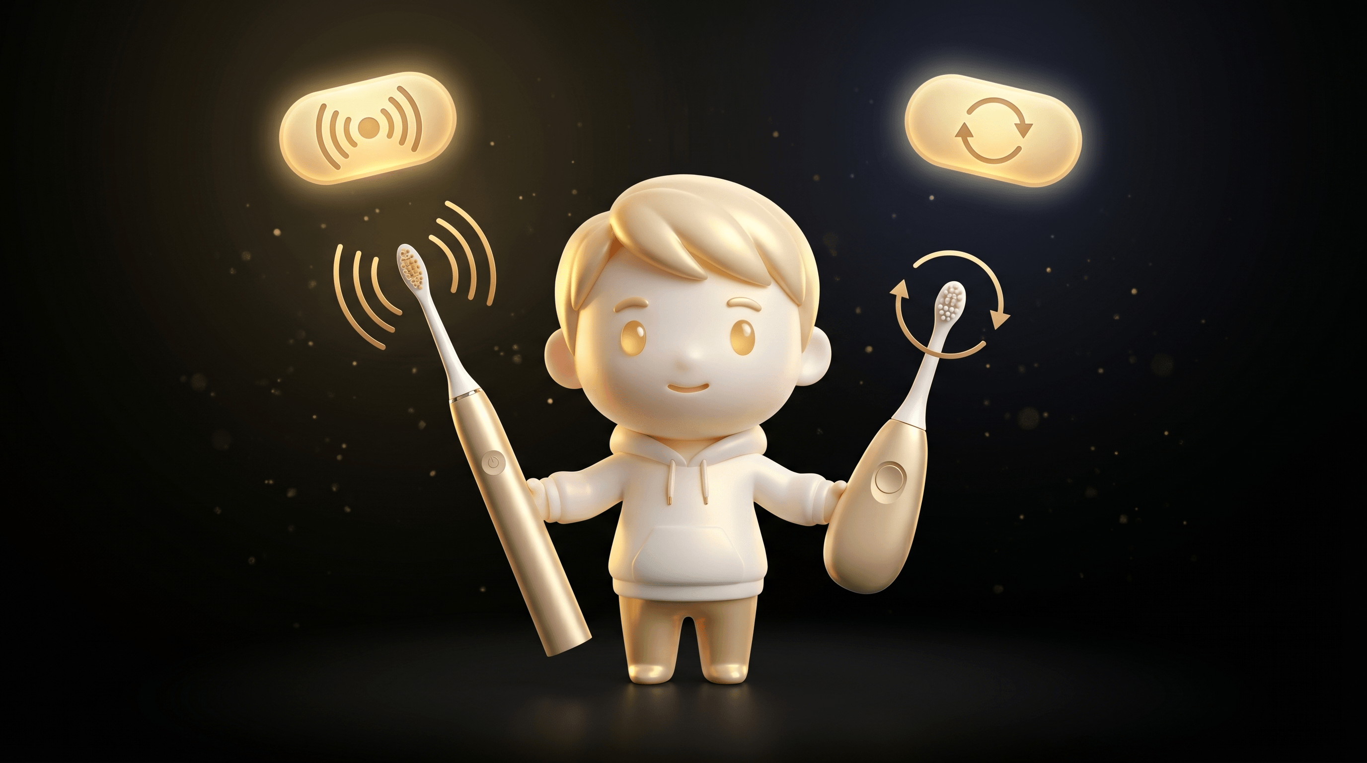 The Godmode mascot holding two electric toothbrush handles side by side, one emitting horizontal sonic wave lines and the other emitting a small circular rotation arrow, with a floating gold stroke-rate indicator above each