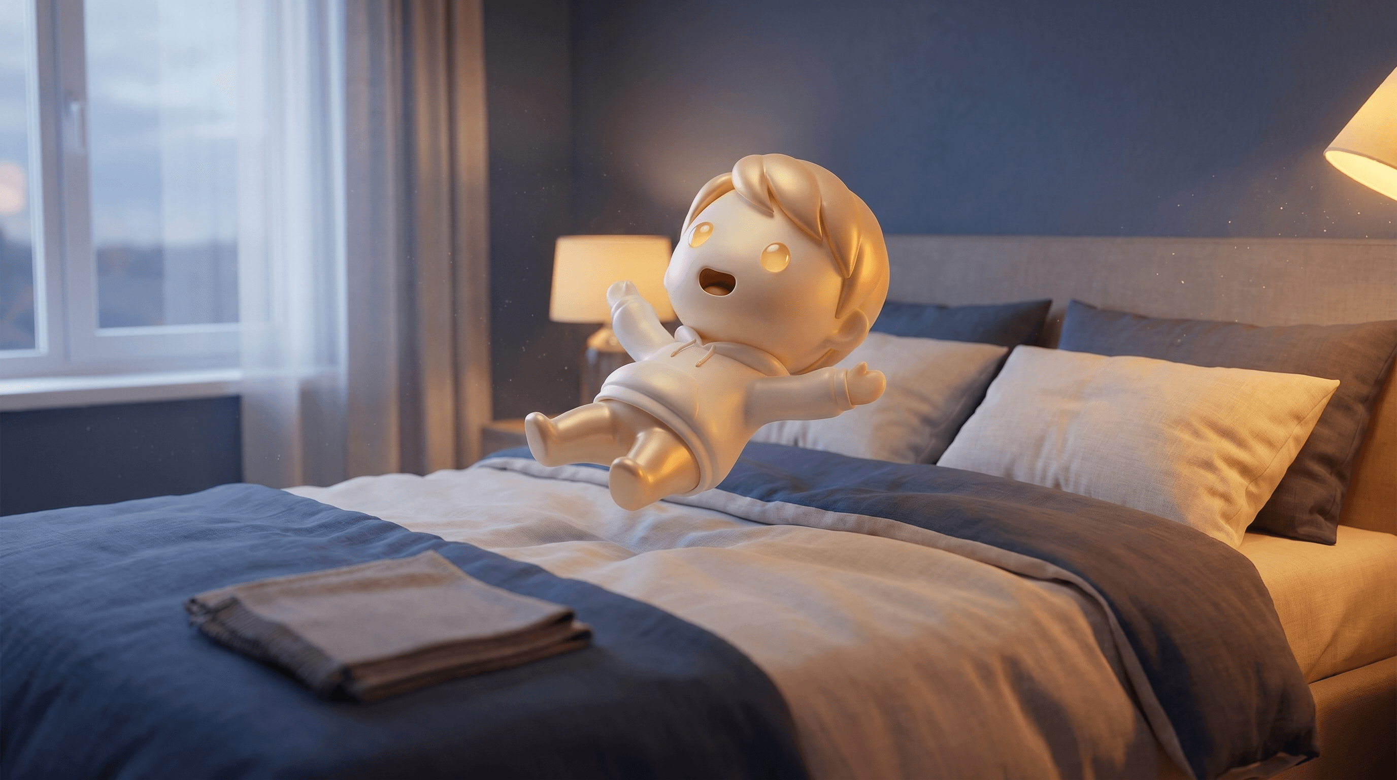 The Godmode mascot presenting a polished bedroom storefront mockup with a glowing pedestal