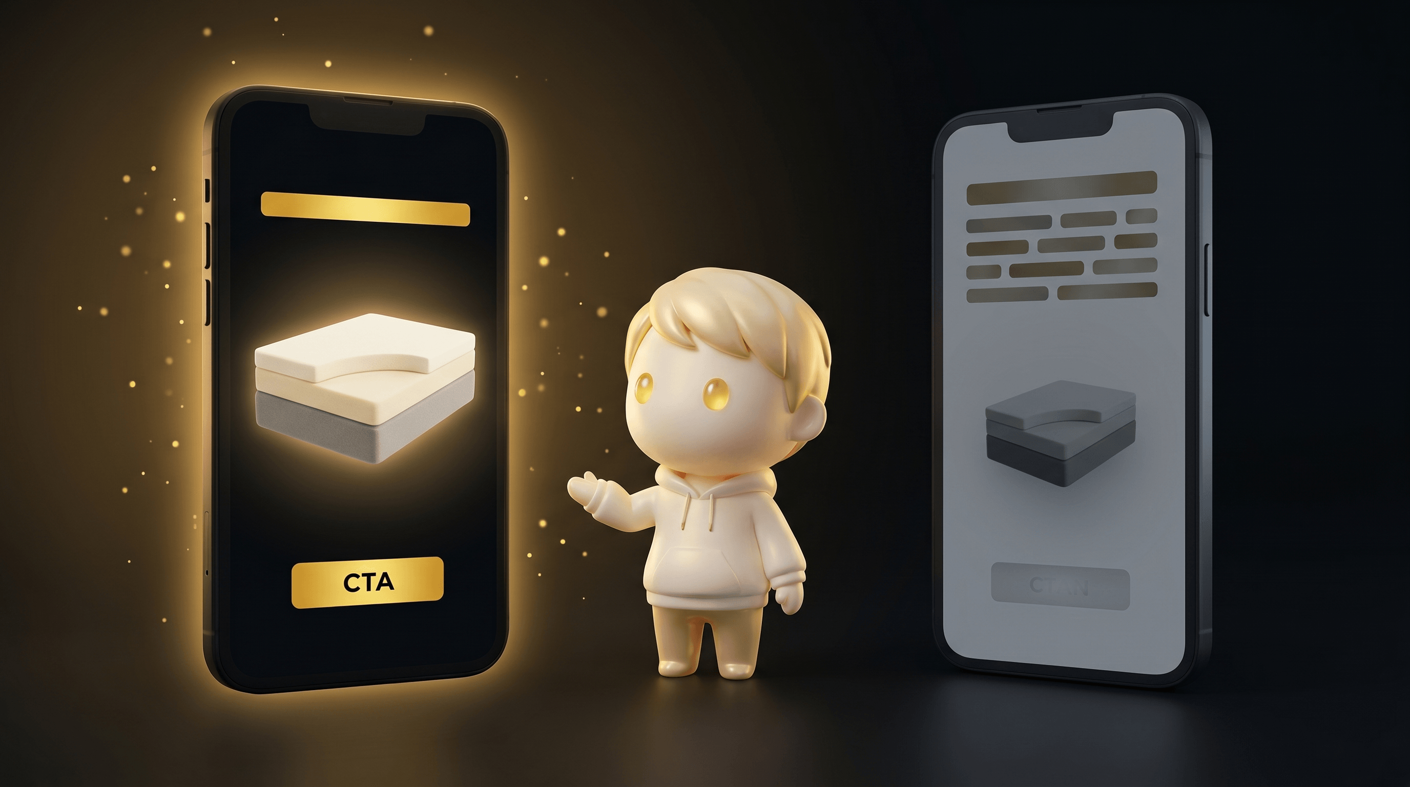 The Godmode mascot comparing two floating ad creative panels split-screen, the left glowing warm gold representing a winning sleep-style outcome hook and the right dimmed grey representing a failing feature-led hook