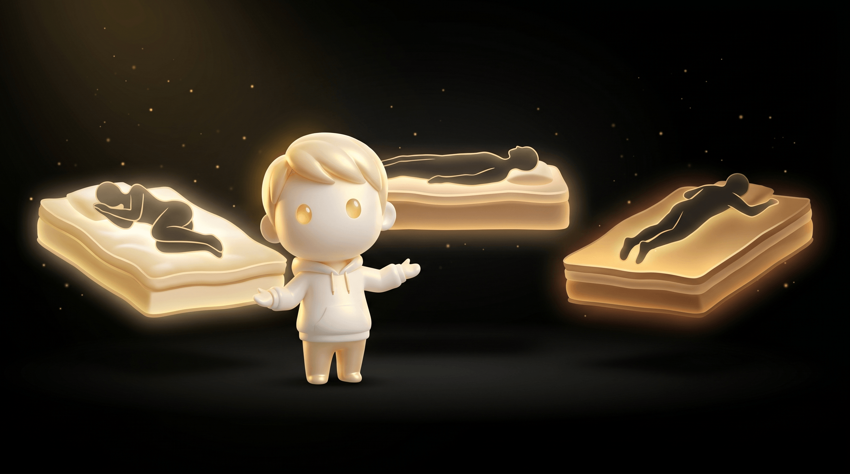 The Godmode mascot demonstrating sleep-style fit, with three floating bedroom cutaway illustrations showing a side sleeper, back sleeper, and stomach sleeper position each glowing a different warm gold gradient