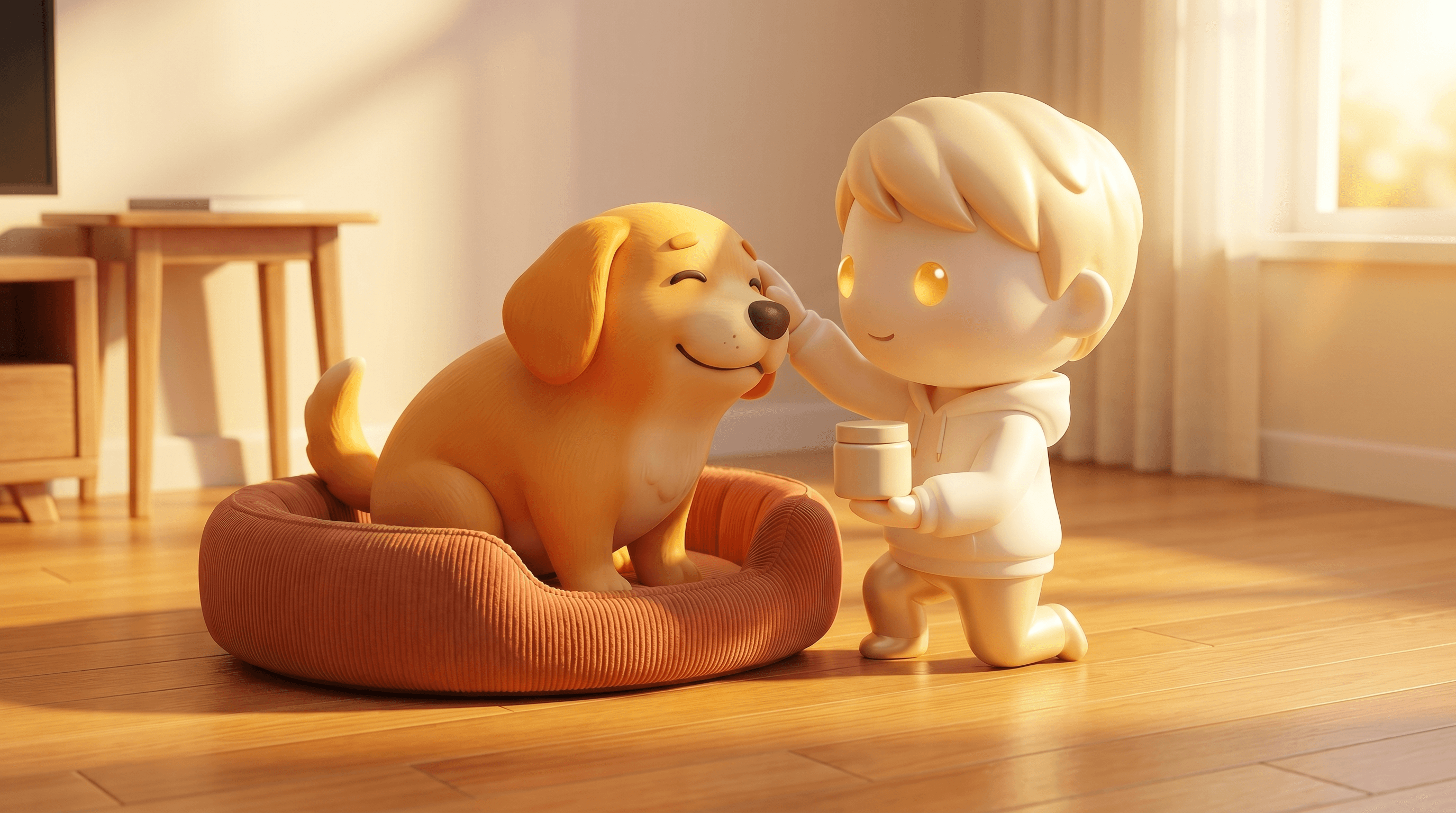 The Godmode mascot presenting a polished premium pet supplement storefront with a glowing pedestal and a small dog silhouette resting beside the mascot