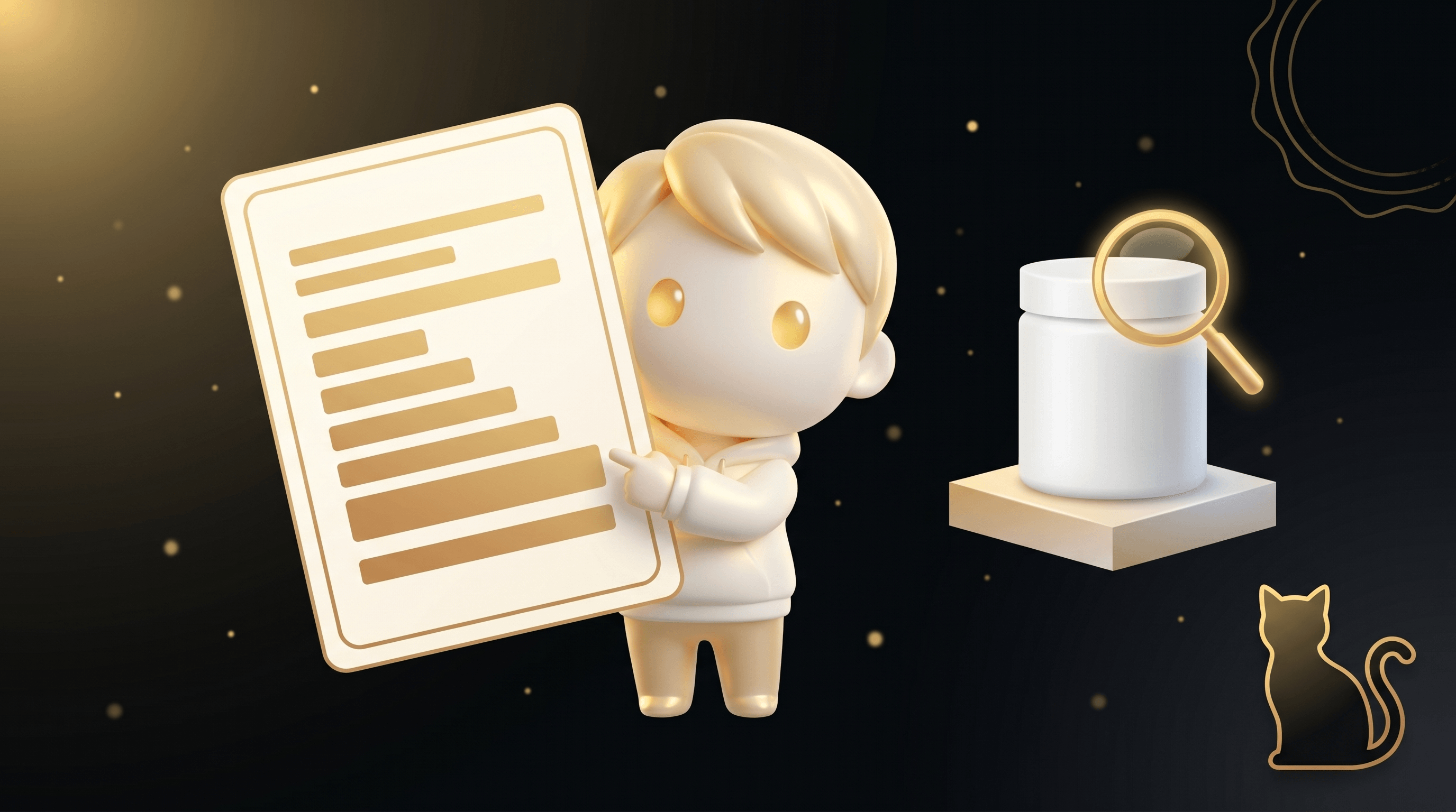 The Godmode mascot pointing at a floating pet-supplement-facts-style card with stacked dosage-by-weight-band rows in soft gold, a tall unbranded pet supplement jar on a pedestal beside it and a small cat silhouette tail curled in the corner