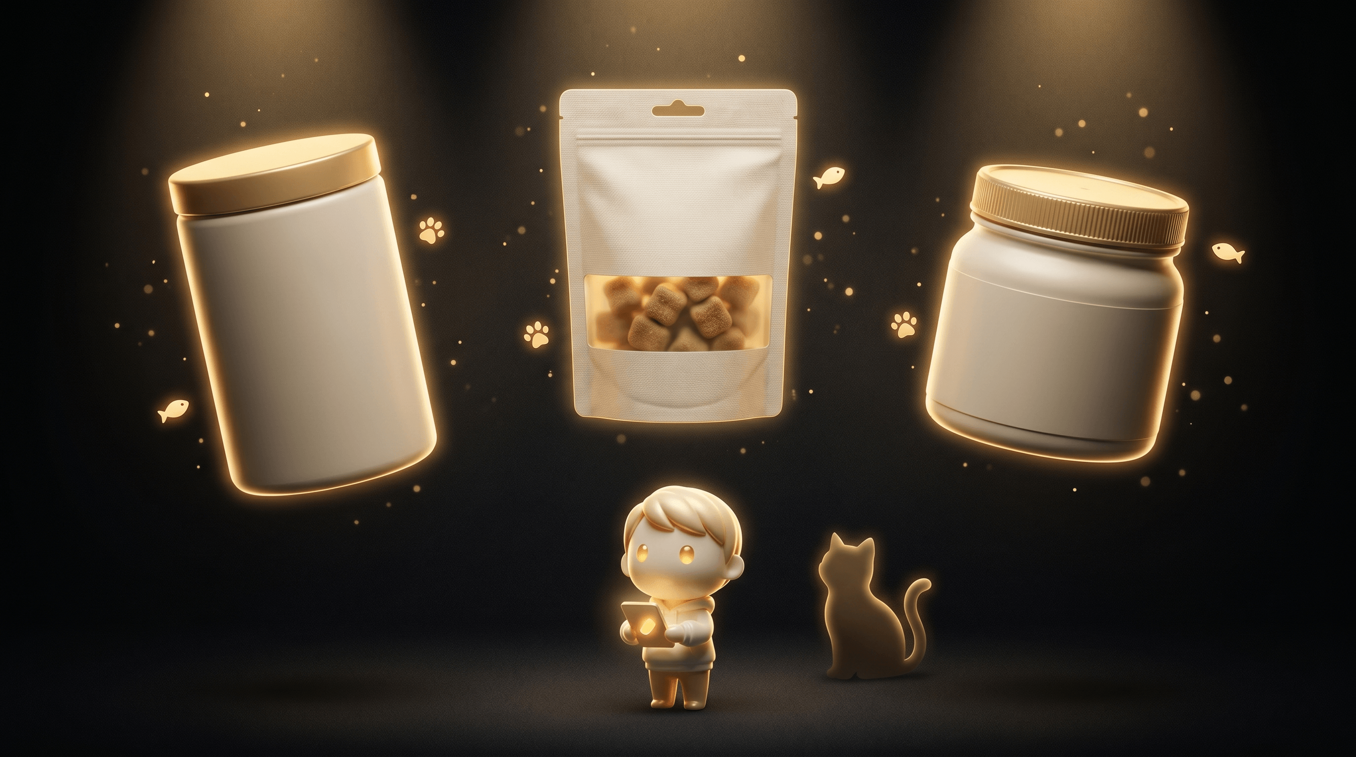 The Godmode mascot studying three different premium pet supplement jar designs floating in a horizontal row, each with a soft warm gold halo, a small dog silhouette resting in the foreground