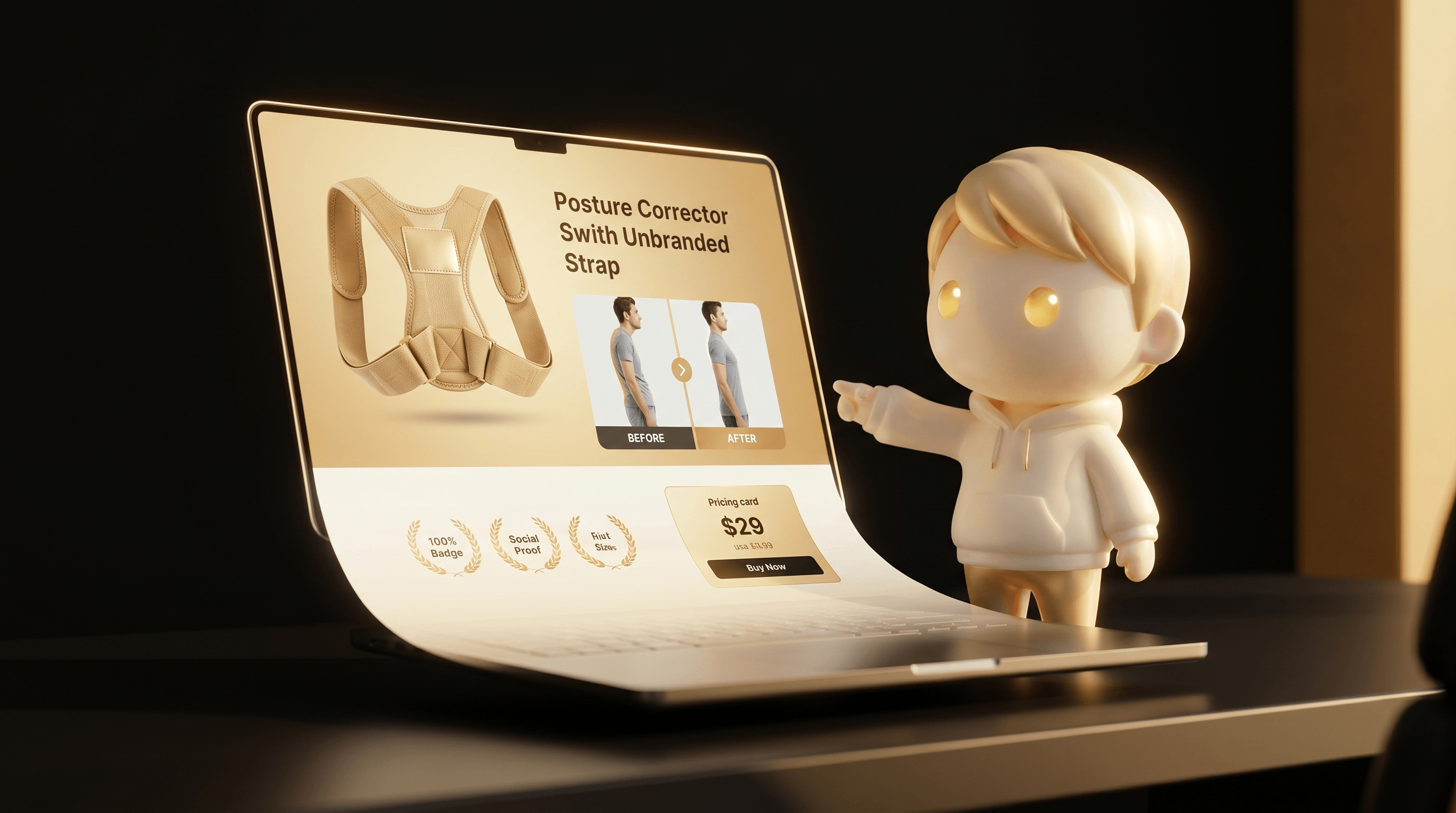 A floating vertical stack of 9 cleanly arranged section-block silhouettes representing a Shopify product page anatomy each glowing warm gold, the Godmode mascot gesturing at one of the middle blocks