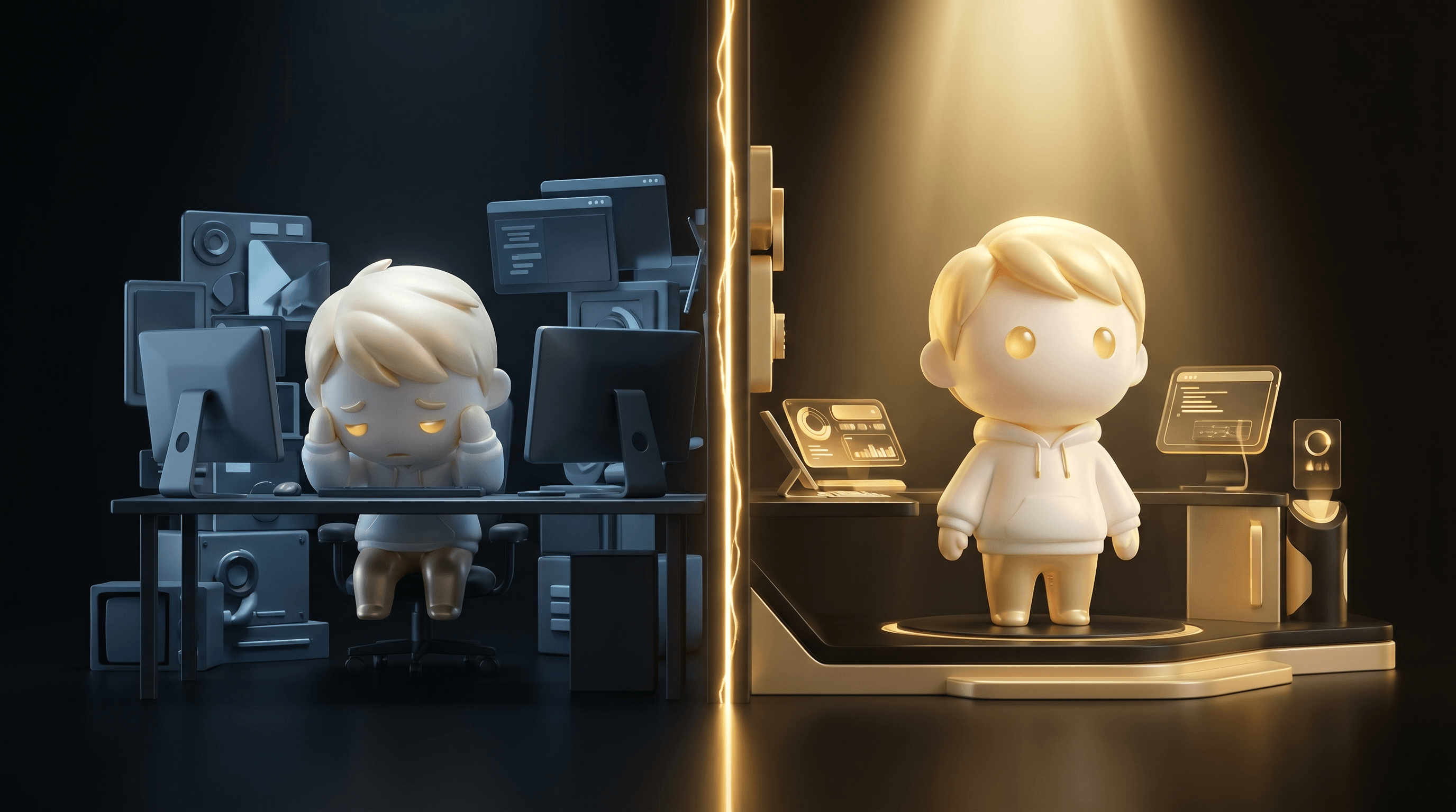 A cinematic split-frame: on the left the Godmode mascot in a slumped tired sitting posture in cool desaturated tones (before), on the right the same mascot standing tall with perfect upright posture in warm gold lighting (after), a vertical glowing gold seam between the halves