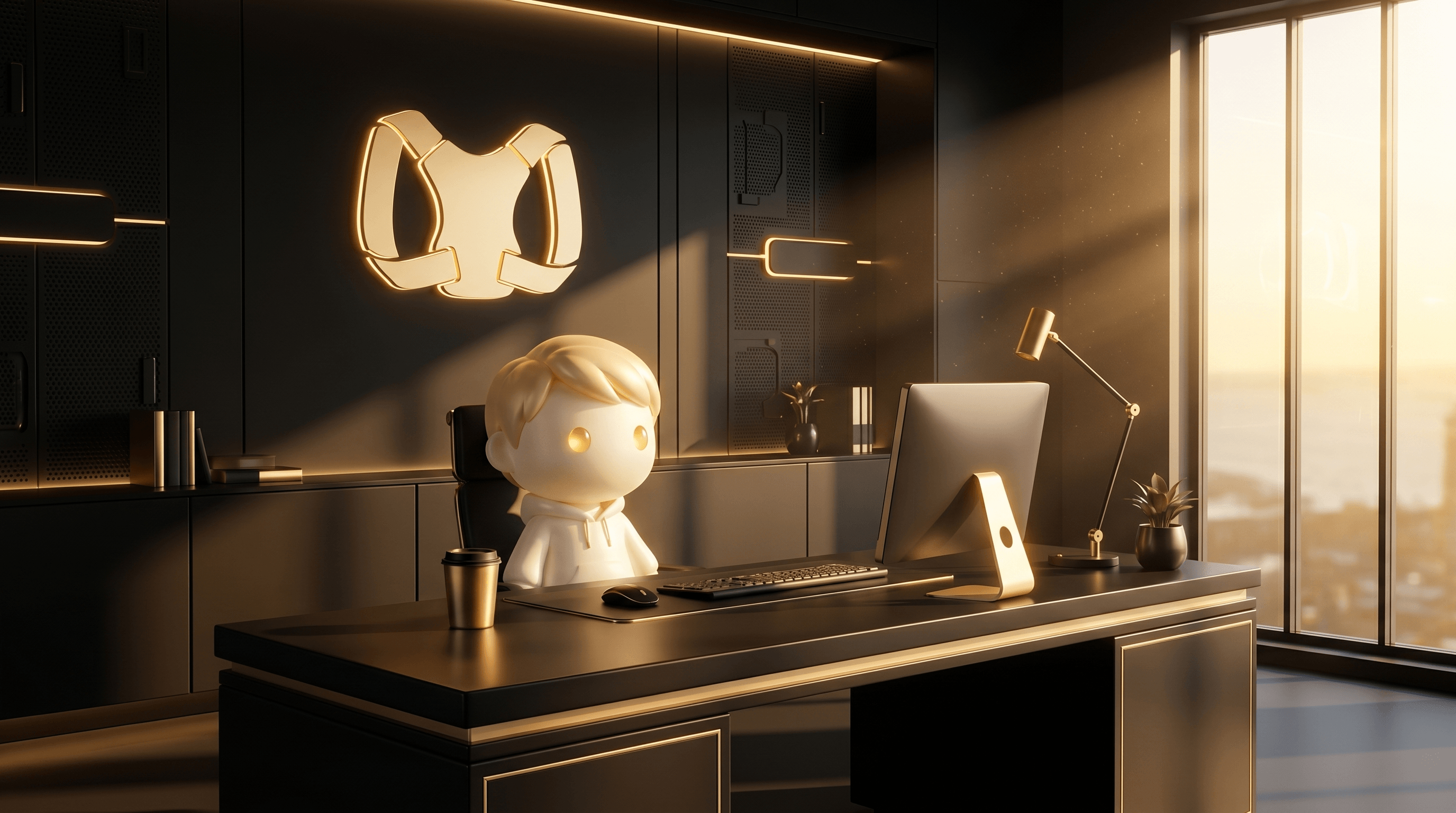 A wide quiet operator workspace at golden-hour dawn with the Godmode mascot at a clean obsidian desk in perfect upright posture, a glowing warm gold posture-corrector silhouette floating above the desk, golden sunrise breaking through a panoramic window