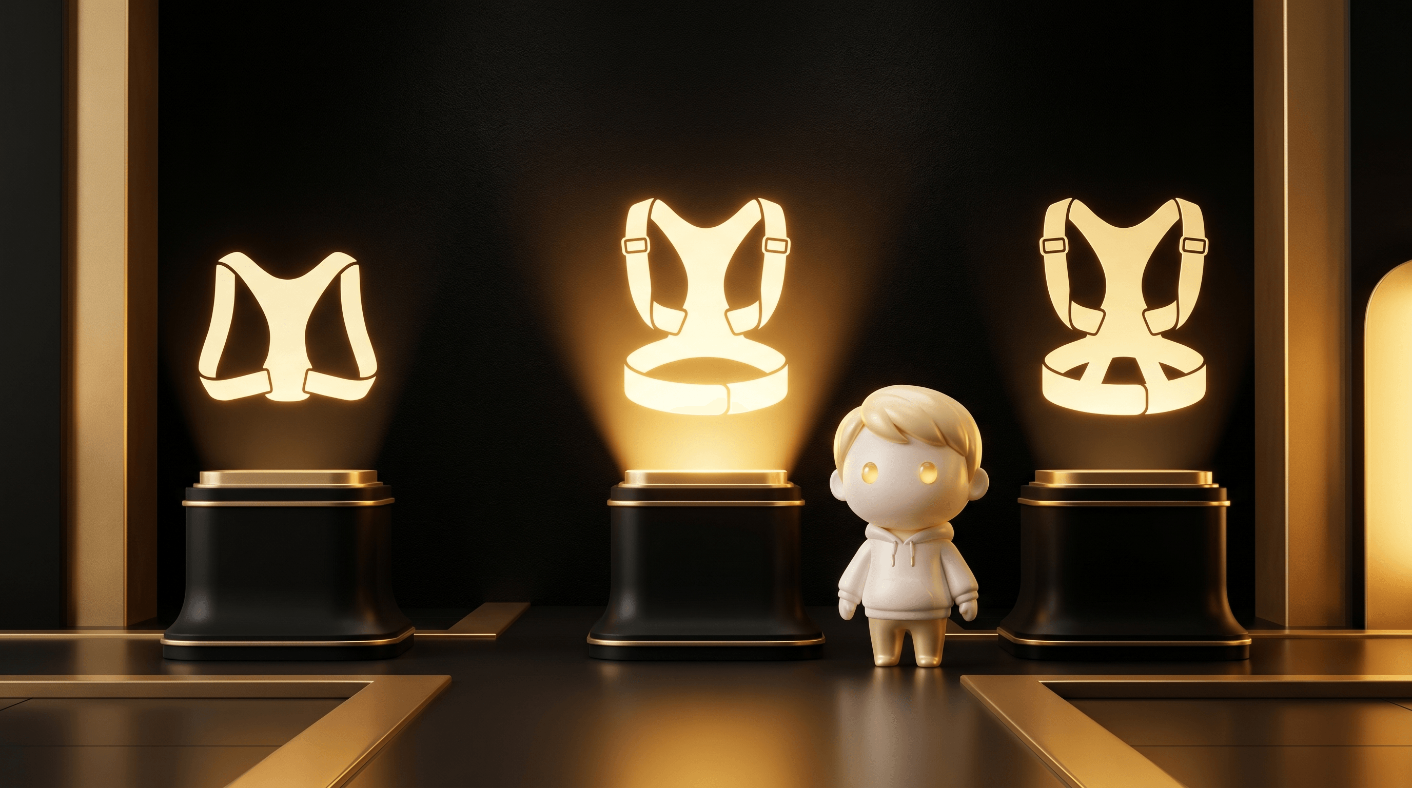 Three pricing-tier pedestals side by side each holding a glowing posture-corrector strap silhouette of progressively more elaborate design, the middle pedestal glowing brightest, the Godmode mascot beside it