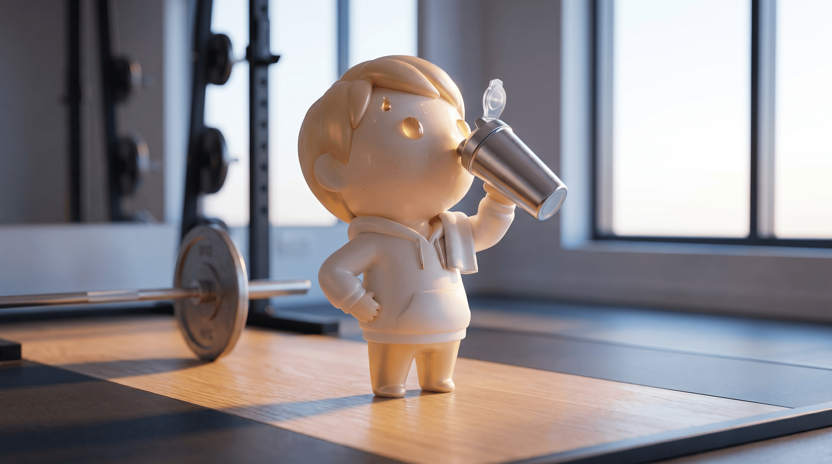 The Godmode mascot presenting a polished premium protein powder storefront with a glowing pedestal