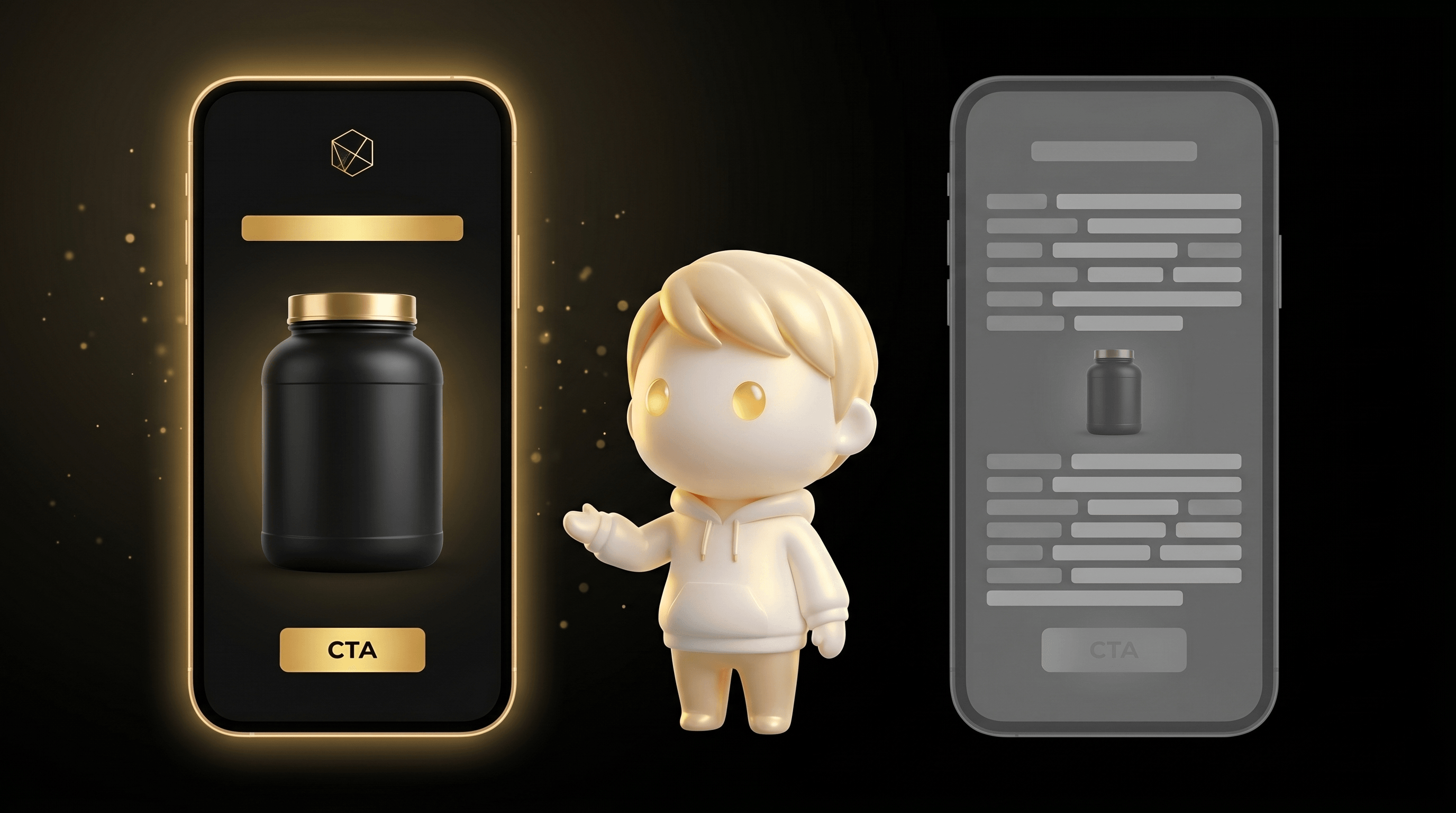 The Godmode mascot comparing two floating smartphone-shaped social ad mockups, the left glowing warm gold representing a winning lab-test transparency hook and the right dimmed grey representing a failing feature-list hook
