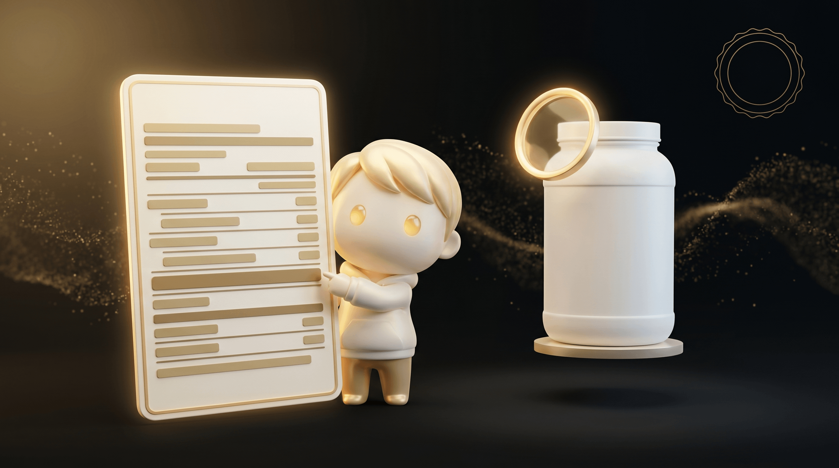 The Godmode mascot pointing at a floating supplement-facts-style card with stacked protein nutrition rows in soft gold, a tall unbranded protein tub on a pedestal beside it