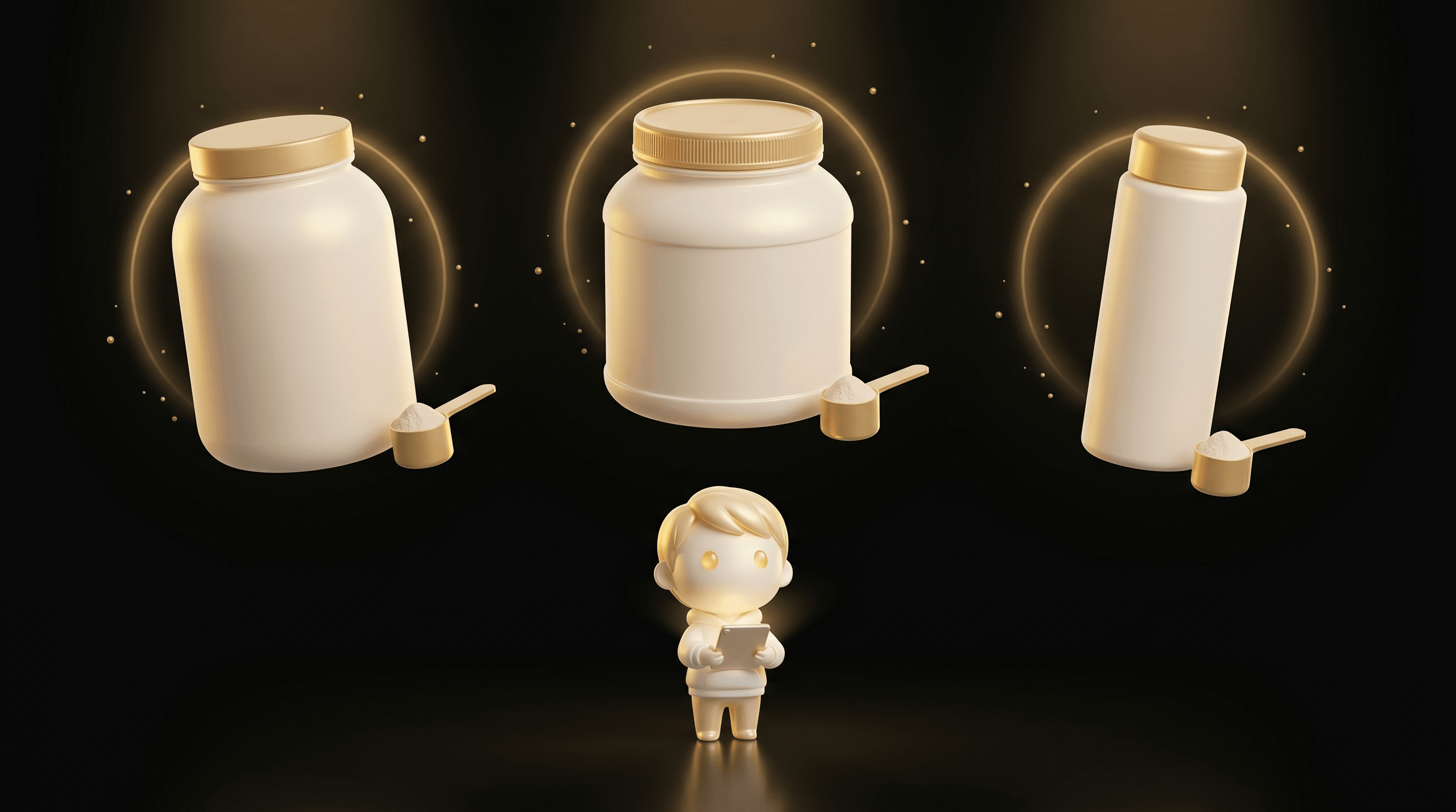 The Godmode mascot studying three different premium protein powder tub designs floating in a horizontal row, each with a soft warm gold halo
