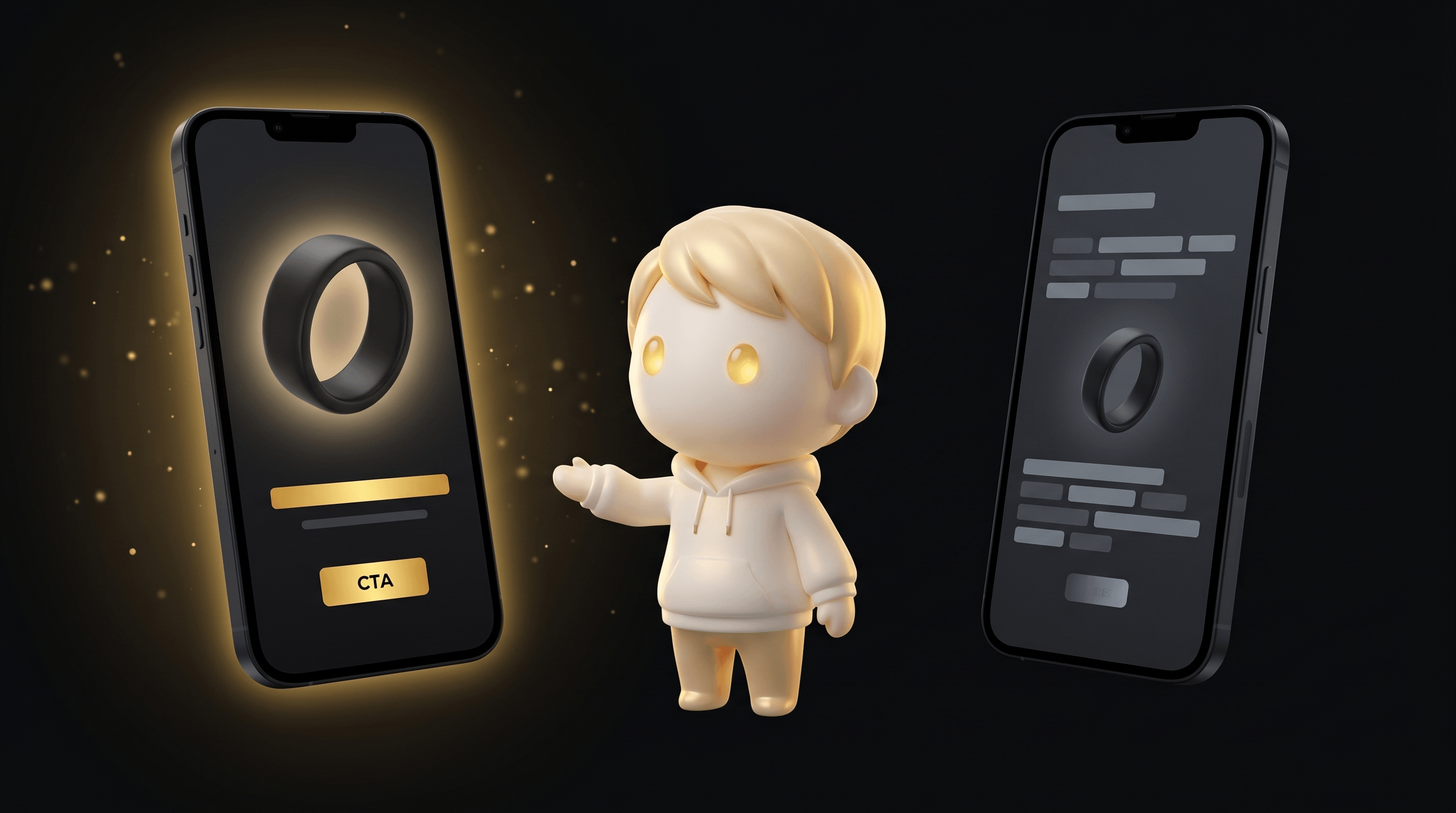 The Godmode mascot comparing two floating ad creative panels split-screen, the left glowing warm gold representing a winning subscription-angle hook and the right dimmed grey representing a failing sensor-acronym hook