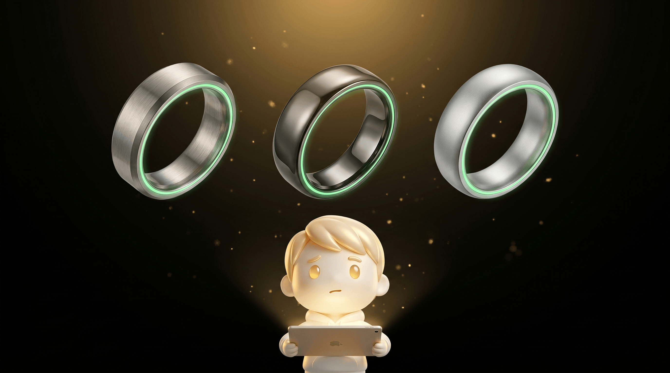 The Godmode mascot studying three different titanium smart ring designs floating in a horizontal row, each glowing with a soft green sensor pulse