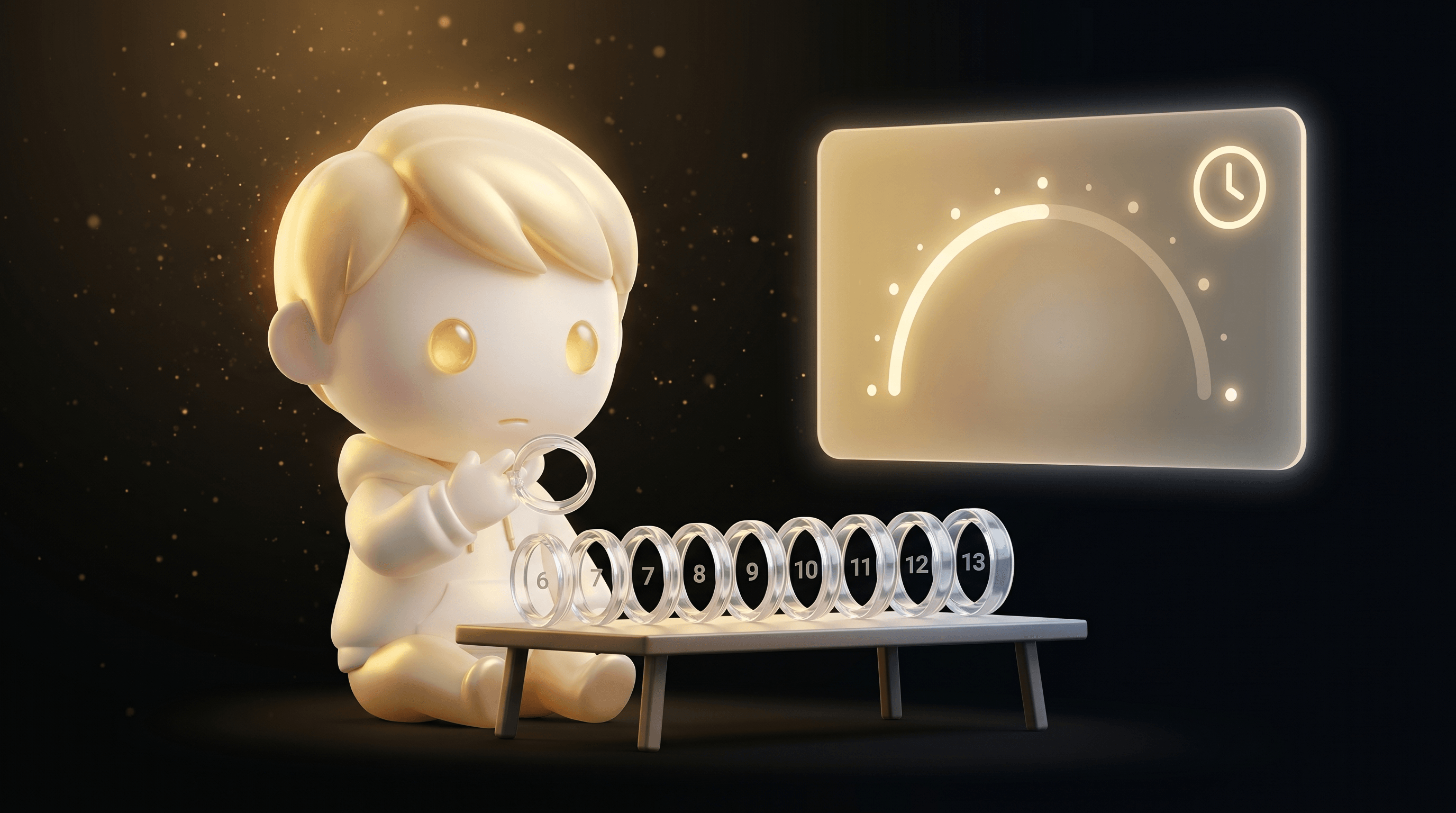 The Godmode mascot demonstrating a plastic sizing kit with 8 ring sizes laid out on a desk, a floating gold gradient guidance panel showing the 24-hour wear test