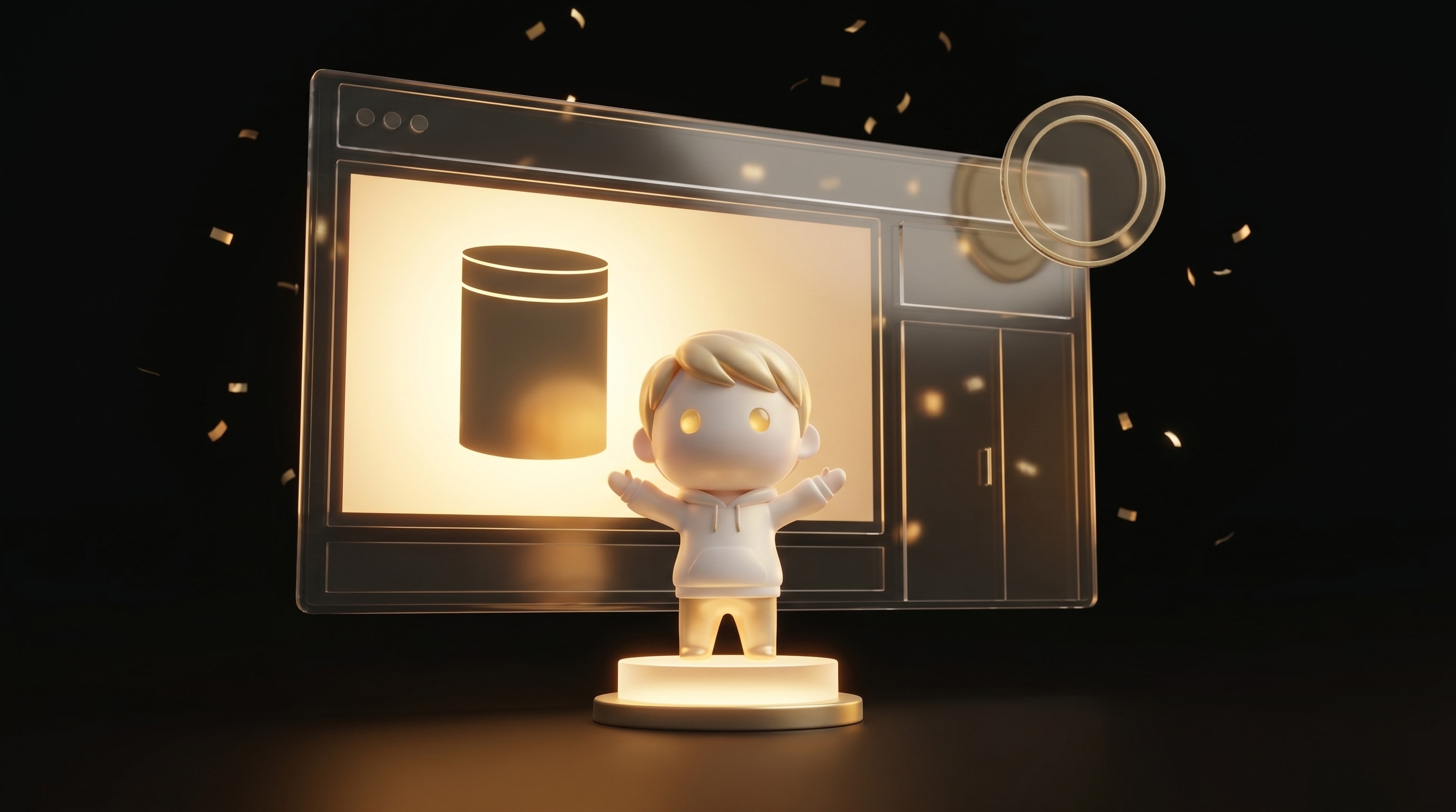 The Godmode mascot presenting a polished premium supplement storefront with a glowing pedestal