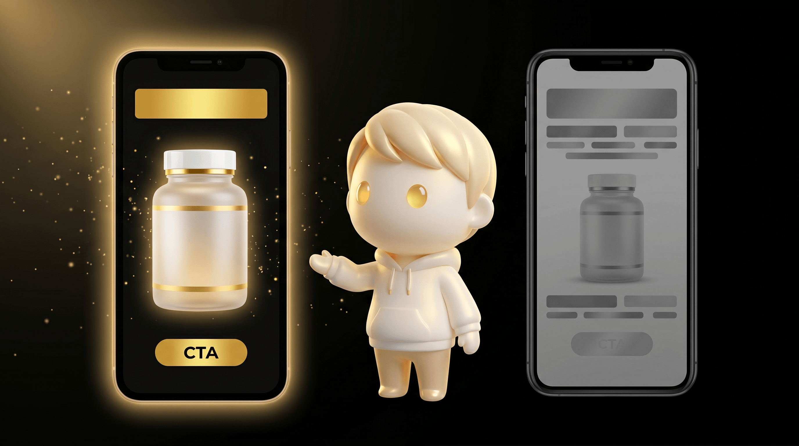The Godmode mascot comparing two floating smartphone-shaped social ad mockups, the left glowing warm gold representing a winning ingredient-transparency hook and the right dimmed grey representing a failing feature-list hook