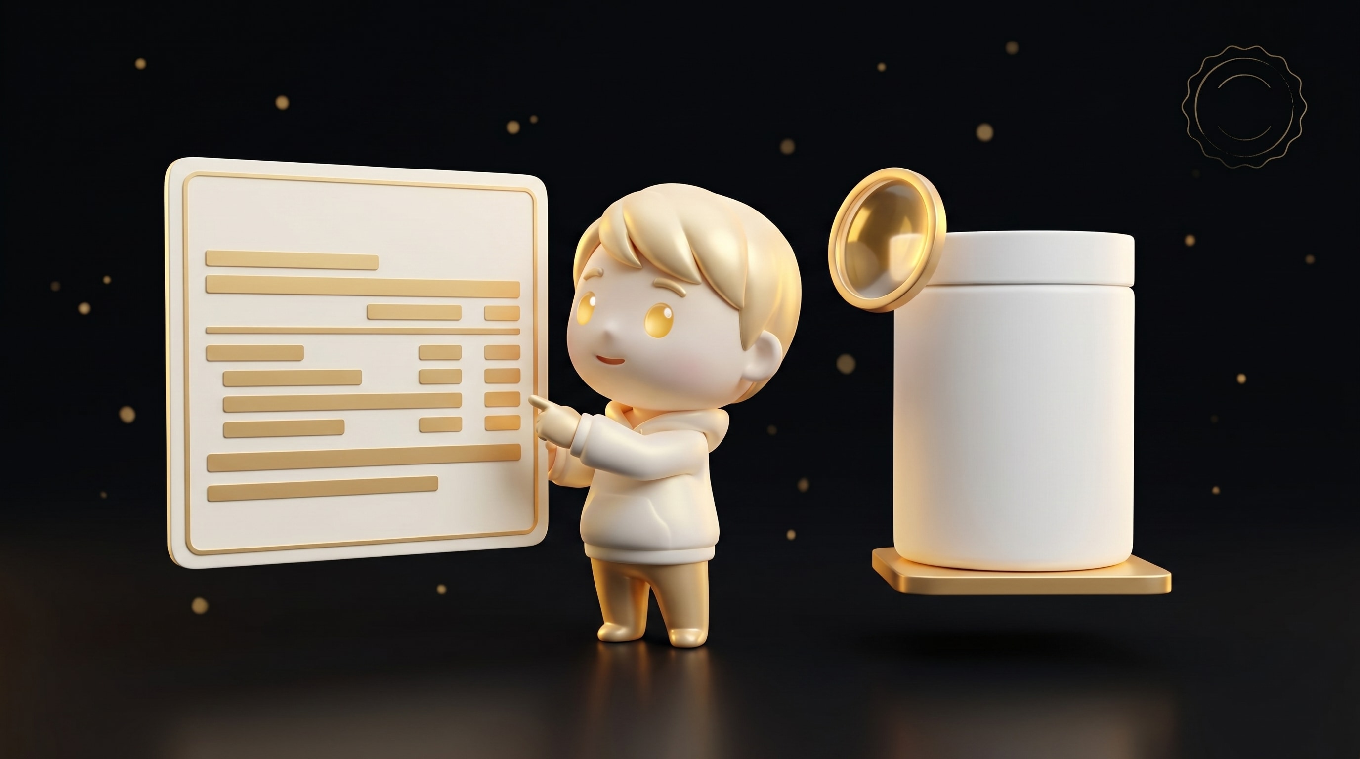 The Godmode mascot pointing at a floating supplement-facts-style card with stacked dosage rows in soft gold, a tall unbranded supplement container on a pedestal beside it