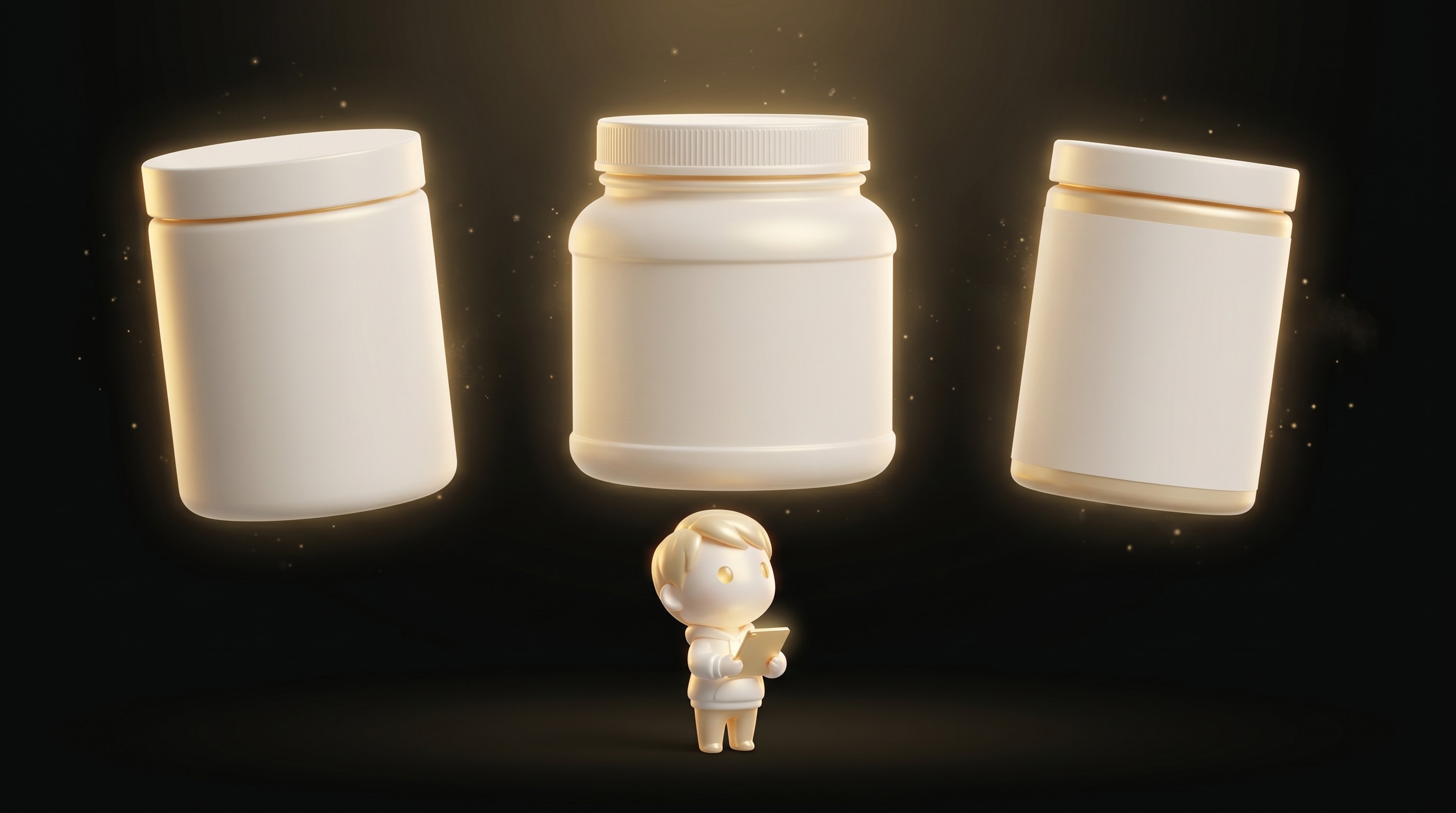 The Godmode mascot studying three different premium supplement container designs floating in a horizontal row, each with a soft warm gold halo