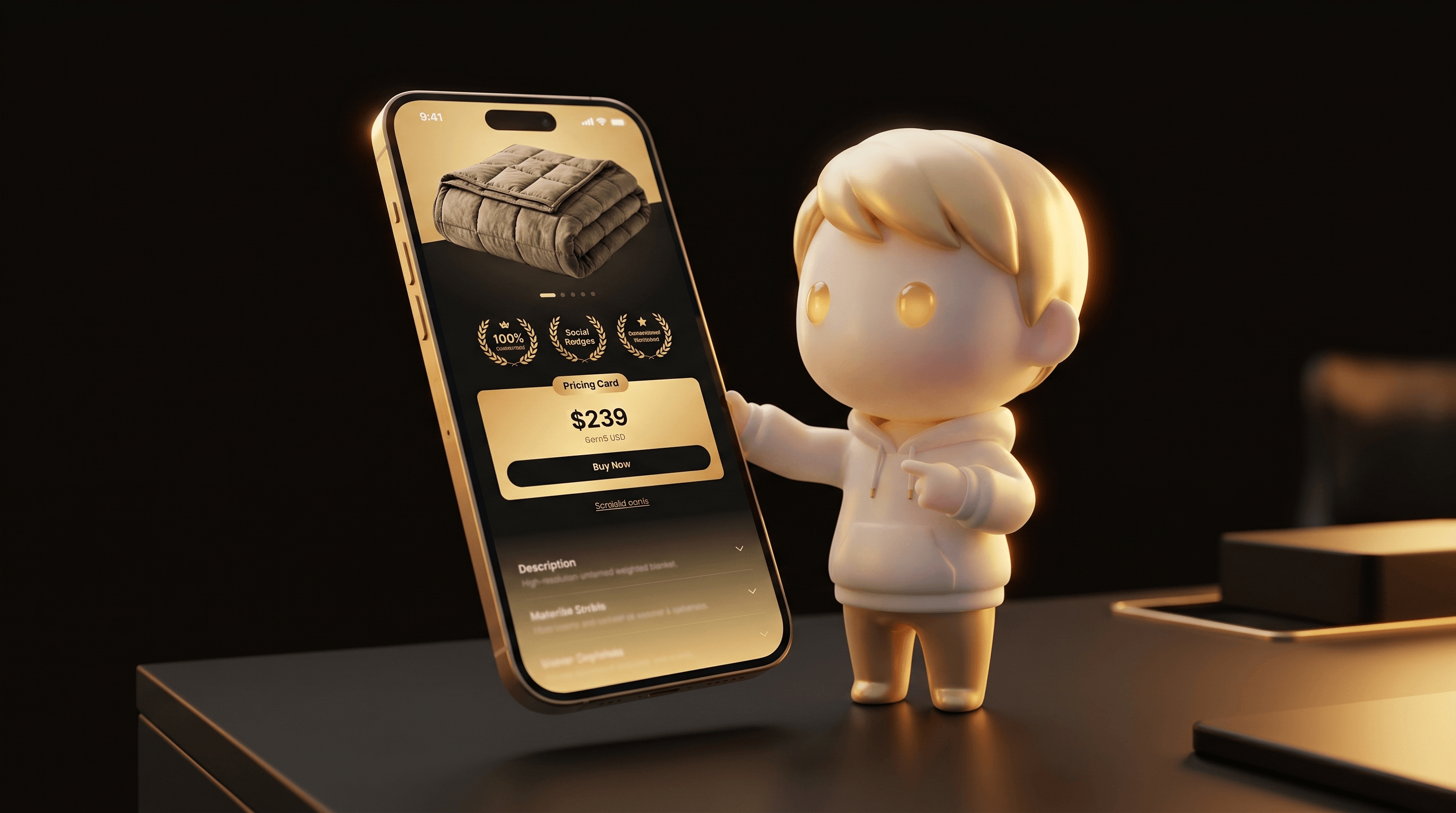 A floating vertical stack of 9 cleanly arranged section-block silhouettes representing a Shopify product page anatomy each glowing warm gold, the Godmode mascot gesturing at one of the middle blocks