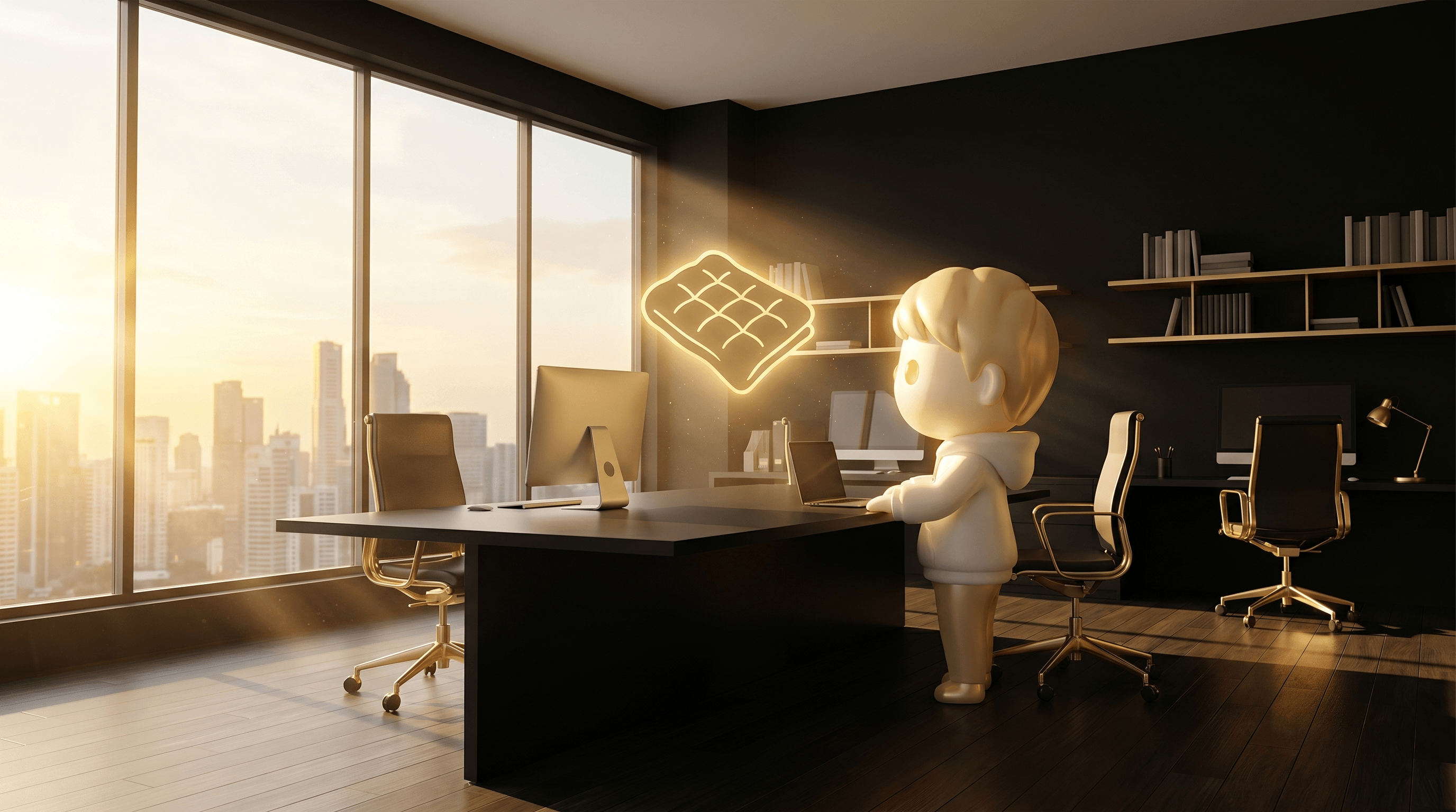 A wide quiet operator workspace at golden-hour dawn with the Godmode mascot at a clean obsidian desk, a glowing weighted blanket silhouette floating above the desk, golden sunrise breaking through a panoramic window