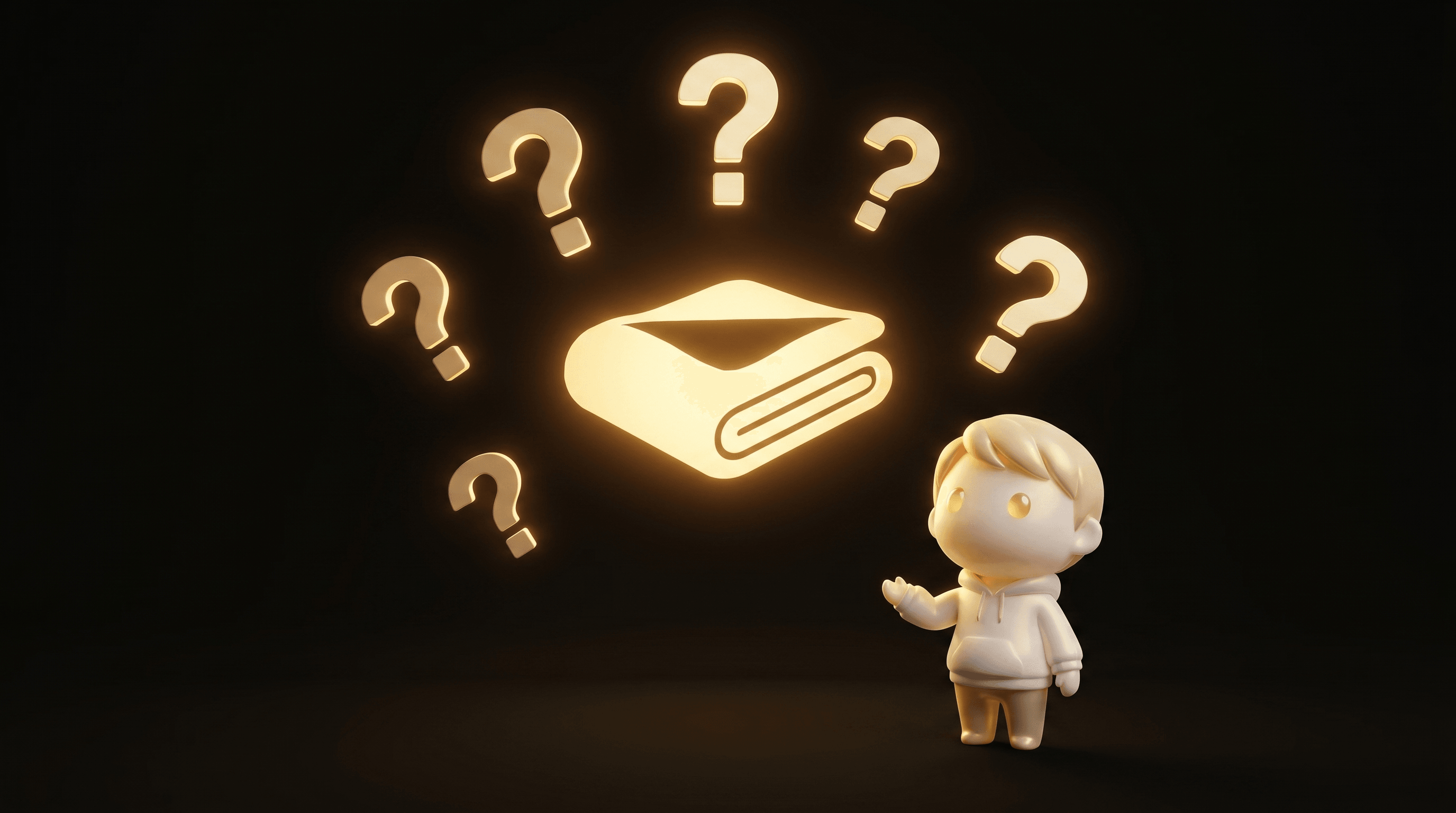 A cinematic cluster of 7 floating question-mark glyphs around a central glowing weighted-blanket silhouette each glowing warm gold, the Godmode mascot calmly addressing the questions