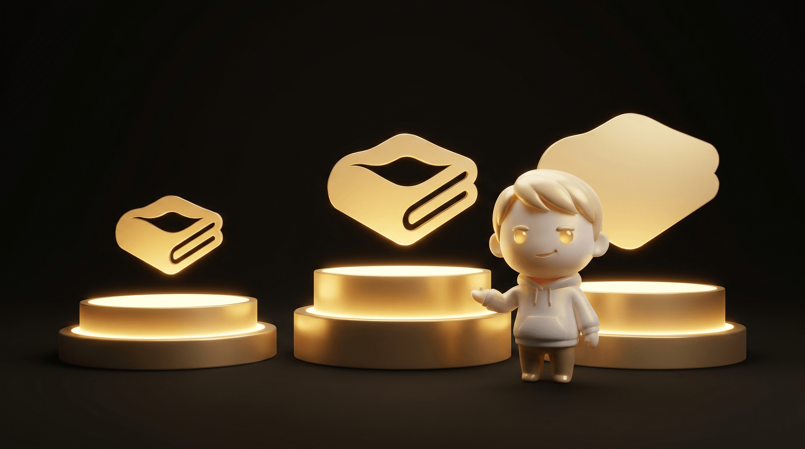 Three pricing-tier pedestals side by side each holding a glowing weighted-blanket silhouette of progressively larger size, the middle pedestal glowing brightest as the recommended tier, the Godmode mascot beside the middle pedestal with a calm confident smirk