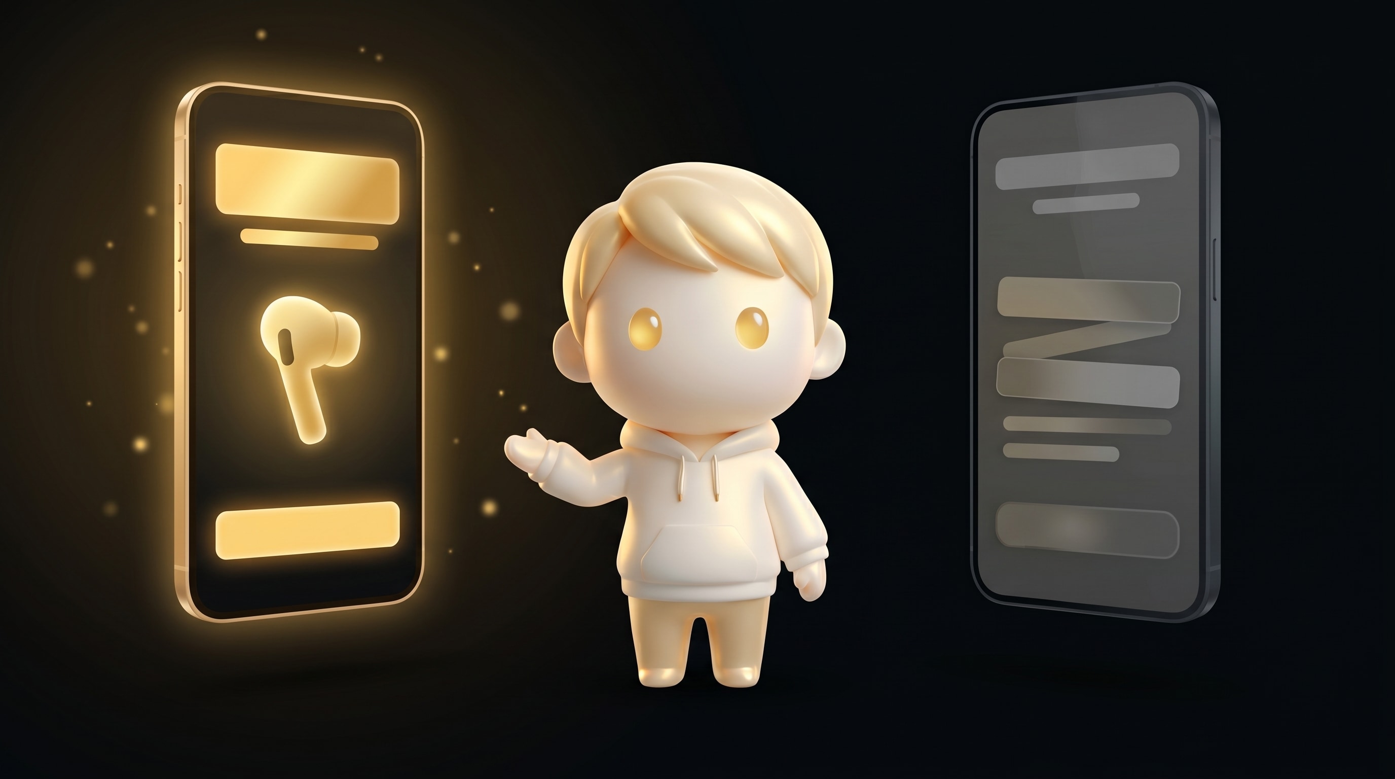 The Godmode mascot comparing two phone-shaped vertical social ad mockups split-screen, the left glowing warm gold for an outcome-led creative and the right dimmed grey for a feature-led creative