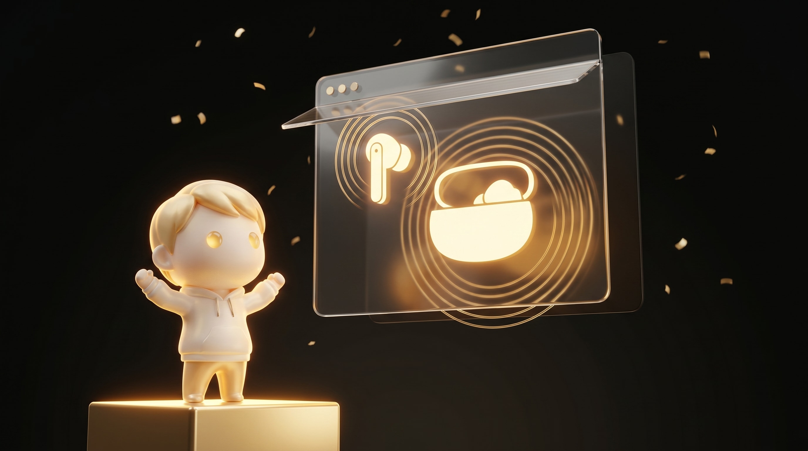 The Godmode mascot presenting a polished consumer-electronics storefront with a glowing pedestal and a wireless earbud silhouette