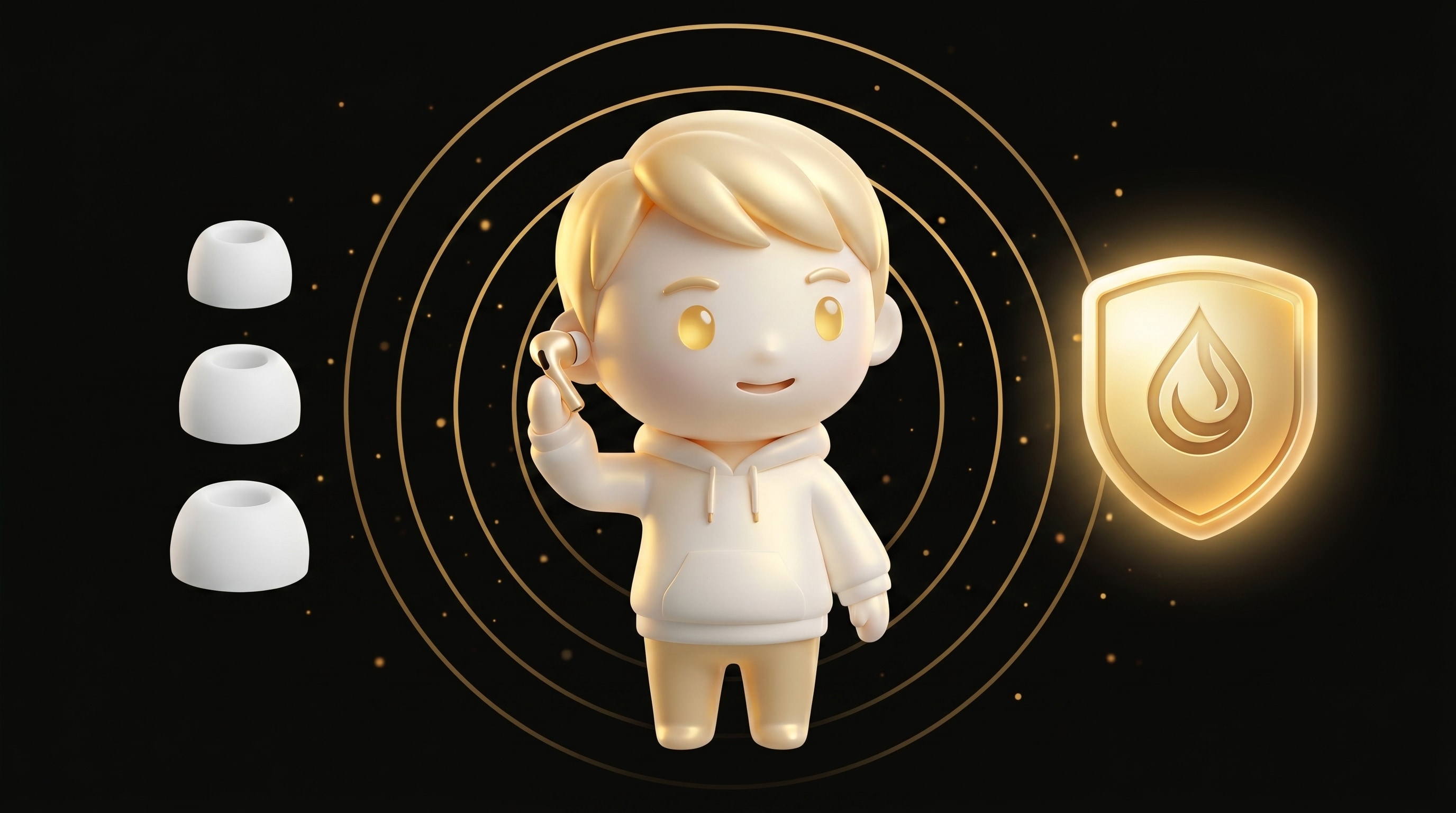 The Godmode mascot fitting a wireless earbud at its tiny ear with three sizes of silicone tips floating to the left and a gold IP-rating shield badge floating to the right
