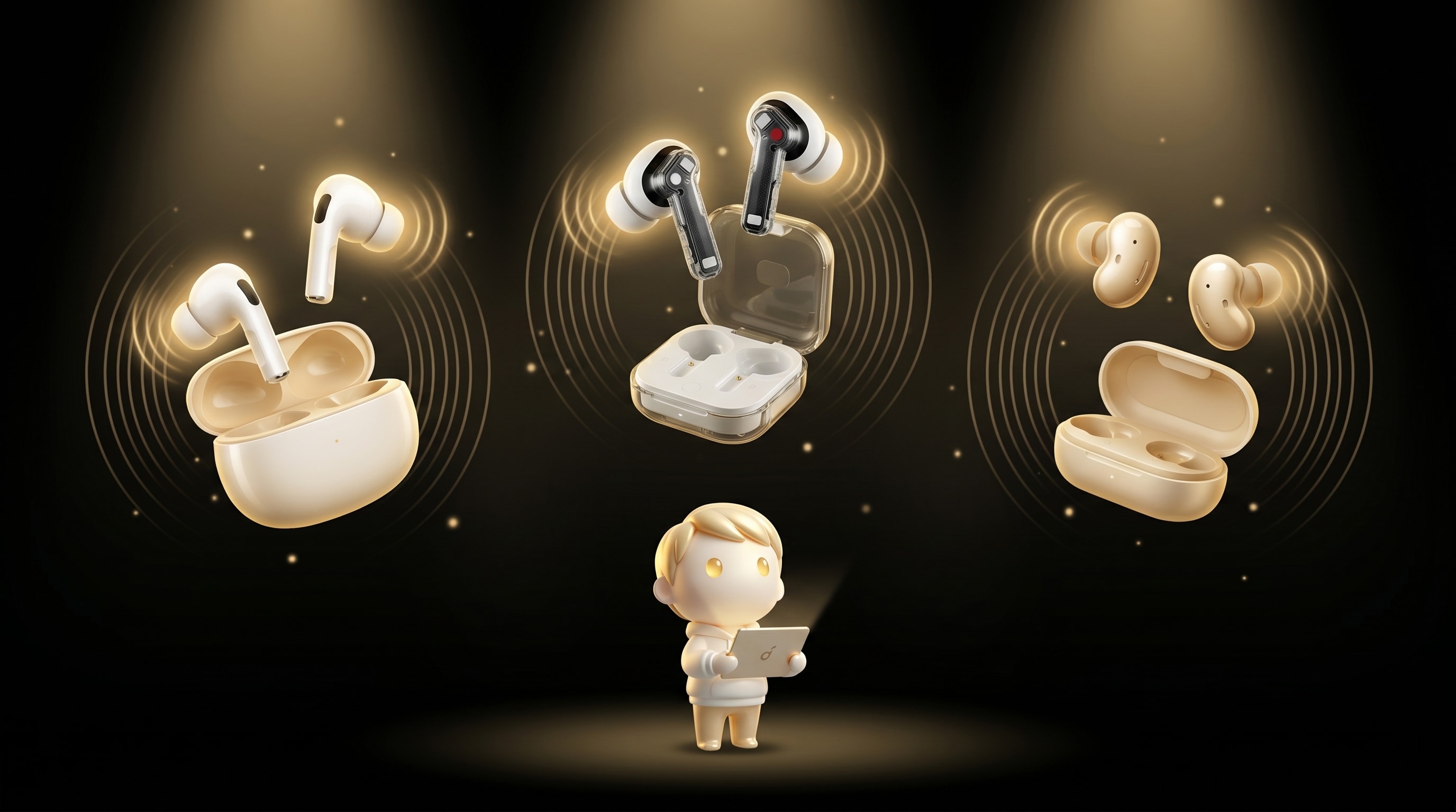 The Godmode mascot studying three different wireless earbud designs floating in a horizontal row with their charging cases, each glowing with a soft gold sound-wave pulse