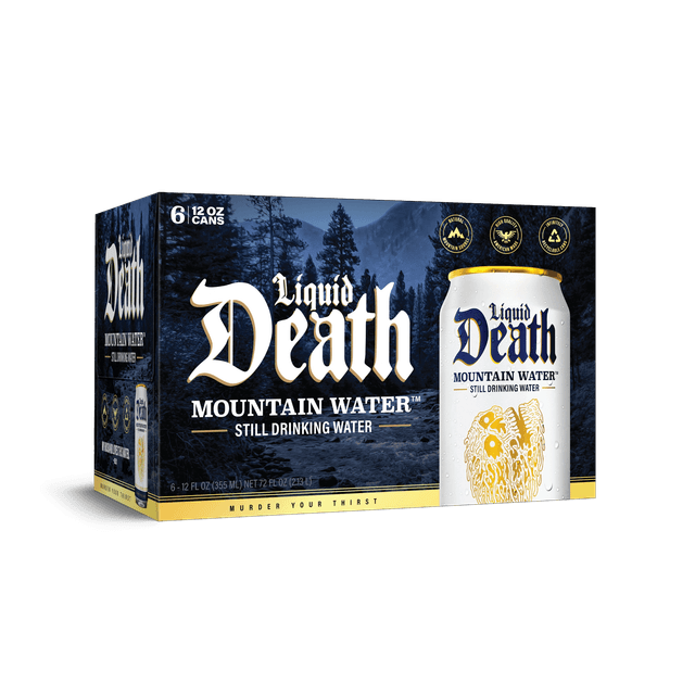 Liquid Death Mountain Water 12oz 6-pack with dark skull-themed branding