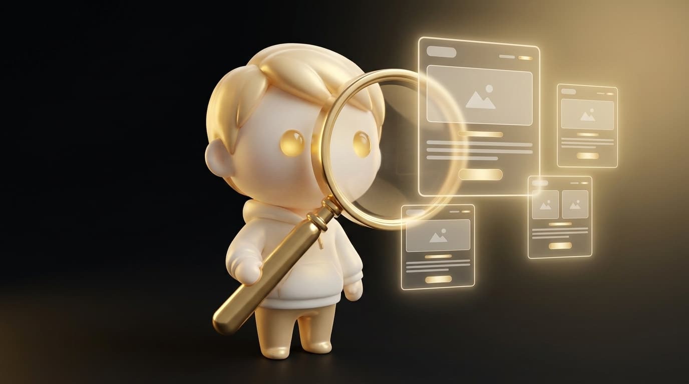 Mascot inspecting product pages with a magnifying glass