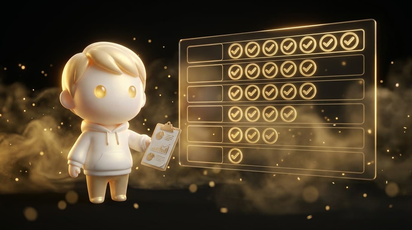 A clinical x-ray-style wireframe of a product page with 7 horizontal sections each scored individually