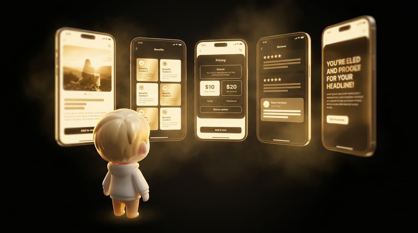 Five glowing vertical product page silhouettes lined up like trophies on display