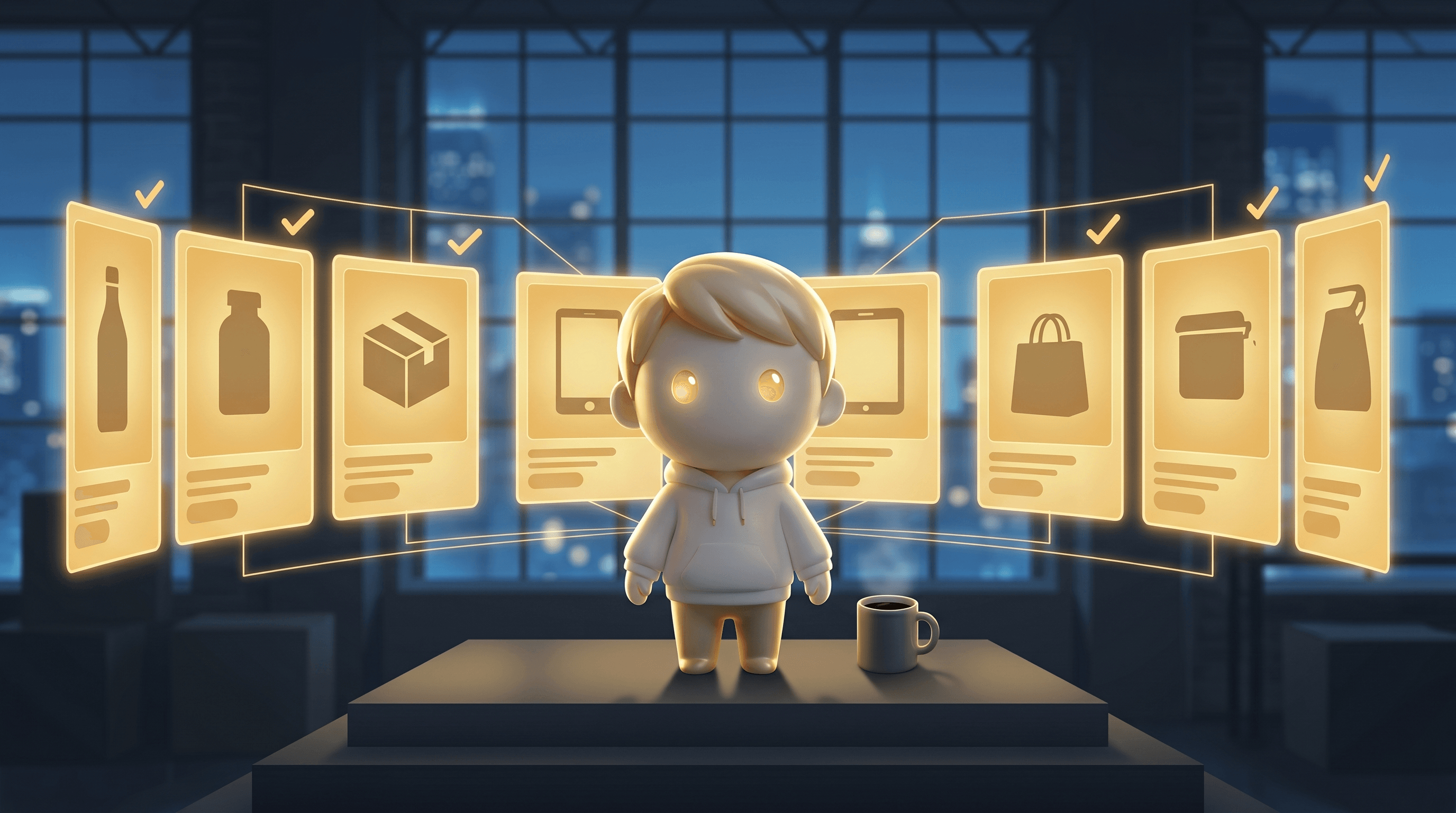 The Godmode mascot presenting a polished AI page builder storefront with ad creative and pre-lander panels floating beside it