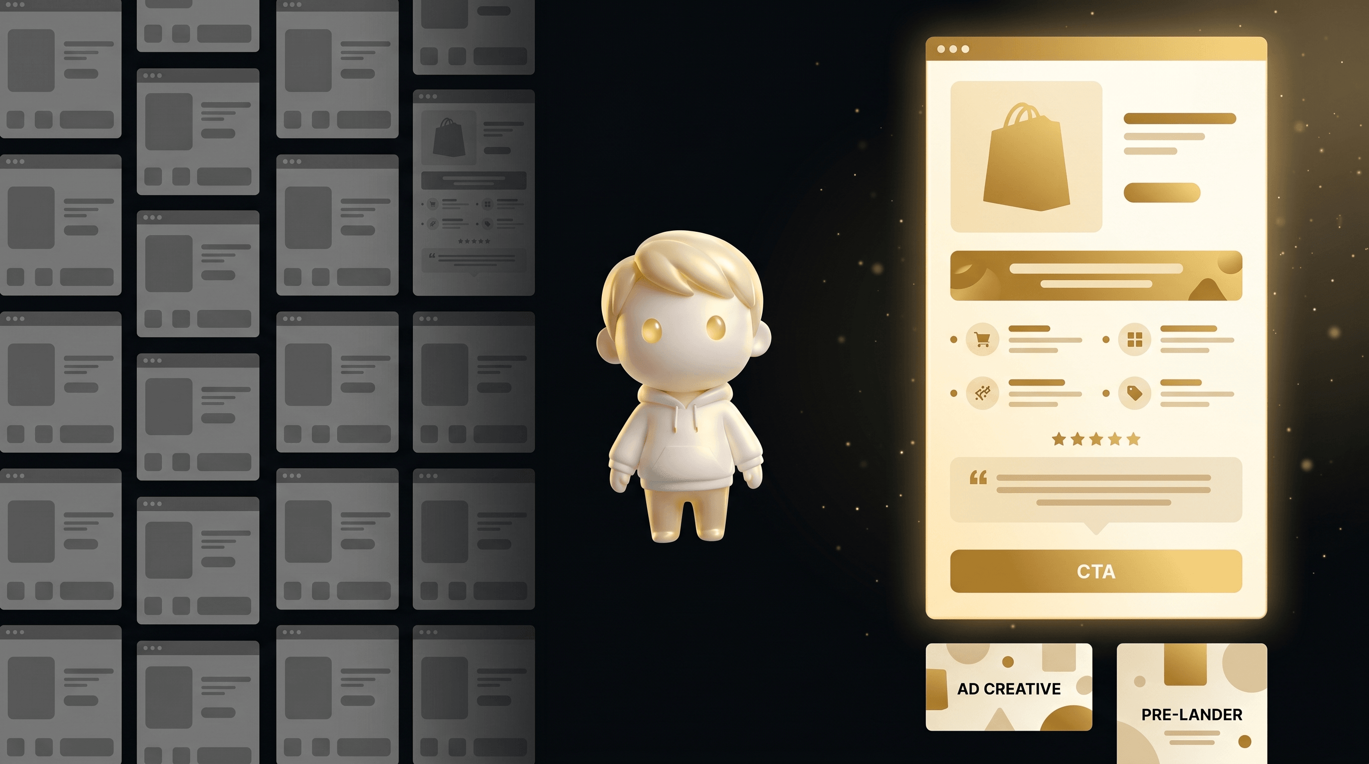 The Godmode mascot standing between a grid of identical templated Shopify stores on the left and one glowing research-built product page with ad and pre-lander panels on the right