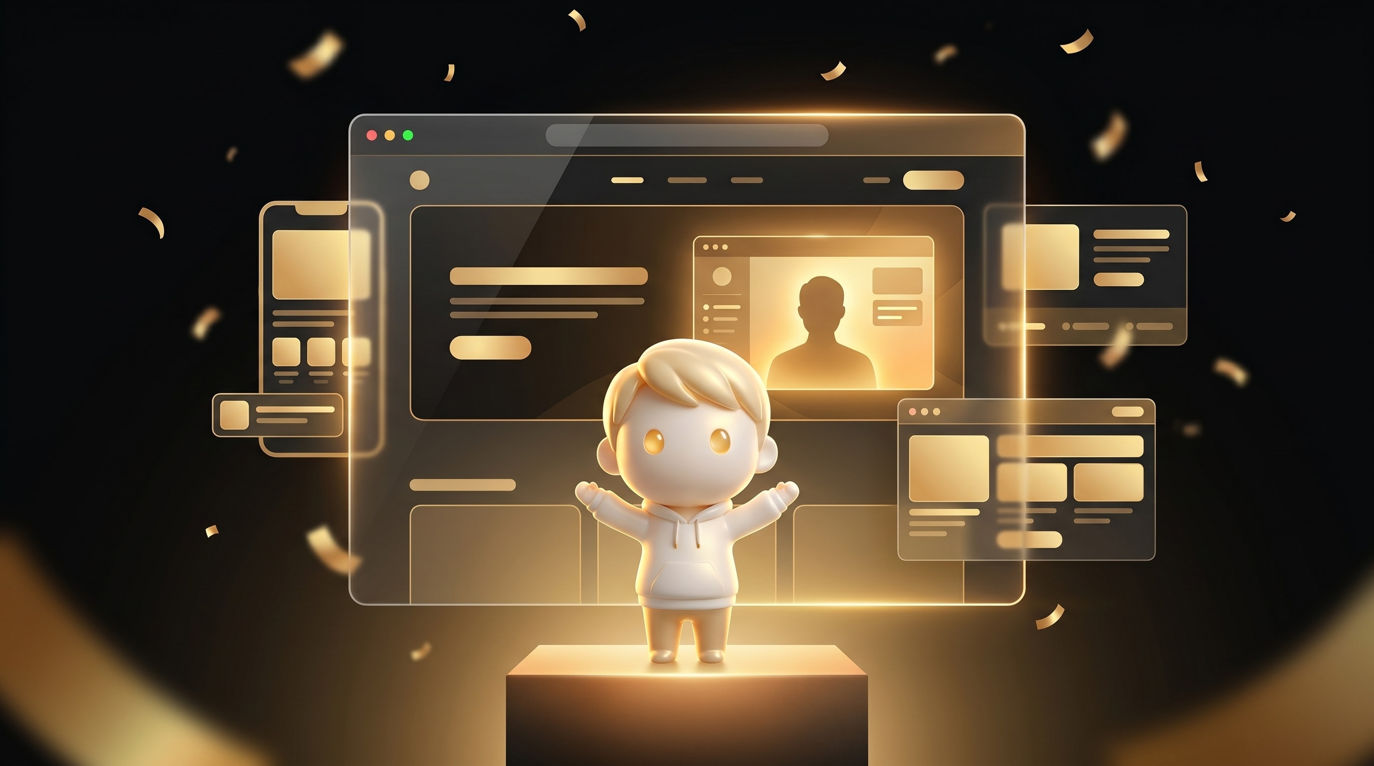 The Godmode mascot presenting a polished AI page builder storefront on a glowing pedestal