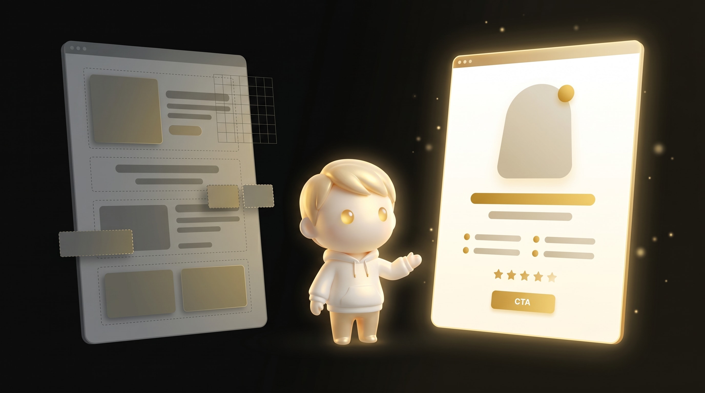 The Godmode mascot standing between a half-built drag-and-drop page on the left with floating unfinished section blocks and a polished AI-built product page glowing gold on the right